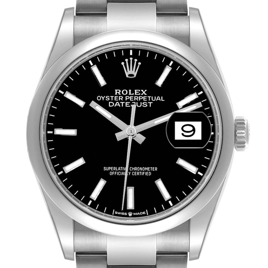 The Rolex Datejust watch is shown from the front, highlighting its black dial, hands, hour markers, and date window.