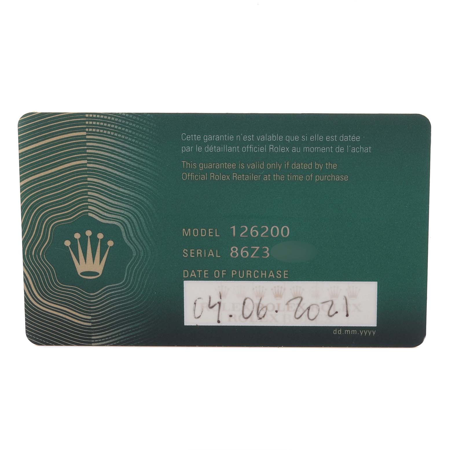 The image shows a Rolex Datejust 126200 Men's Stainless Steel Black Dial 126200 Men's Stainless Steel Black Dial warranty card with model and serial number details.