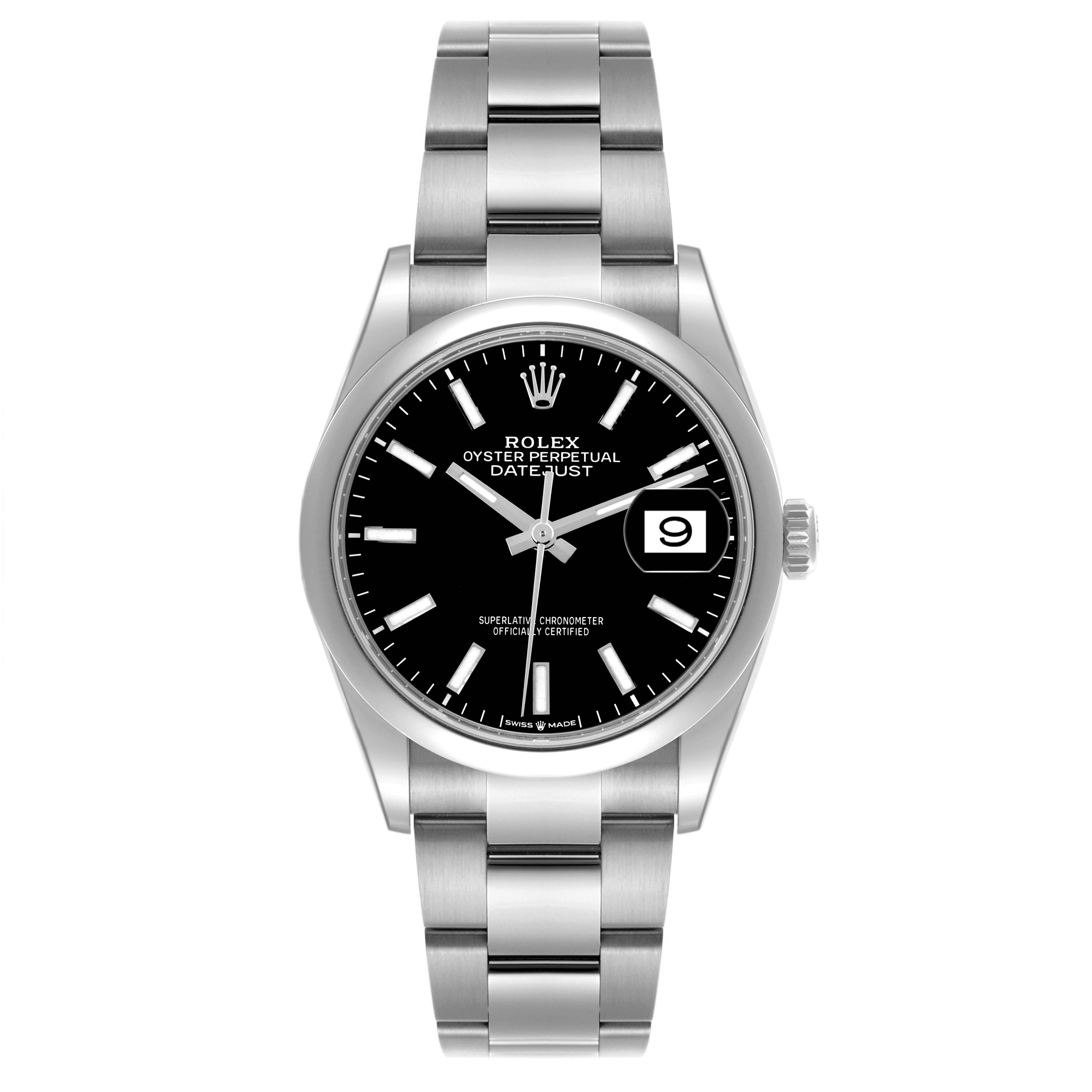 The Rolex Datejust 126200 Men's Stainless Steel Black Dial 126200 Men's Stainless Steel Black Dial watch is shown from a front angle, capturing the dial, bezel, bracelet, and crown.