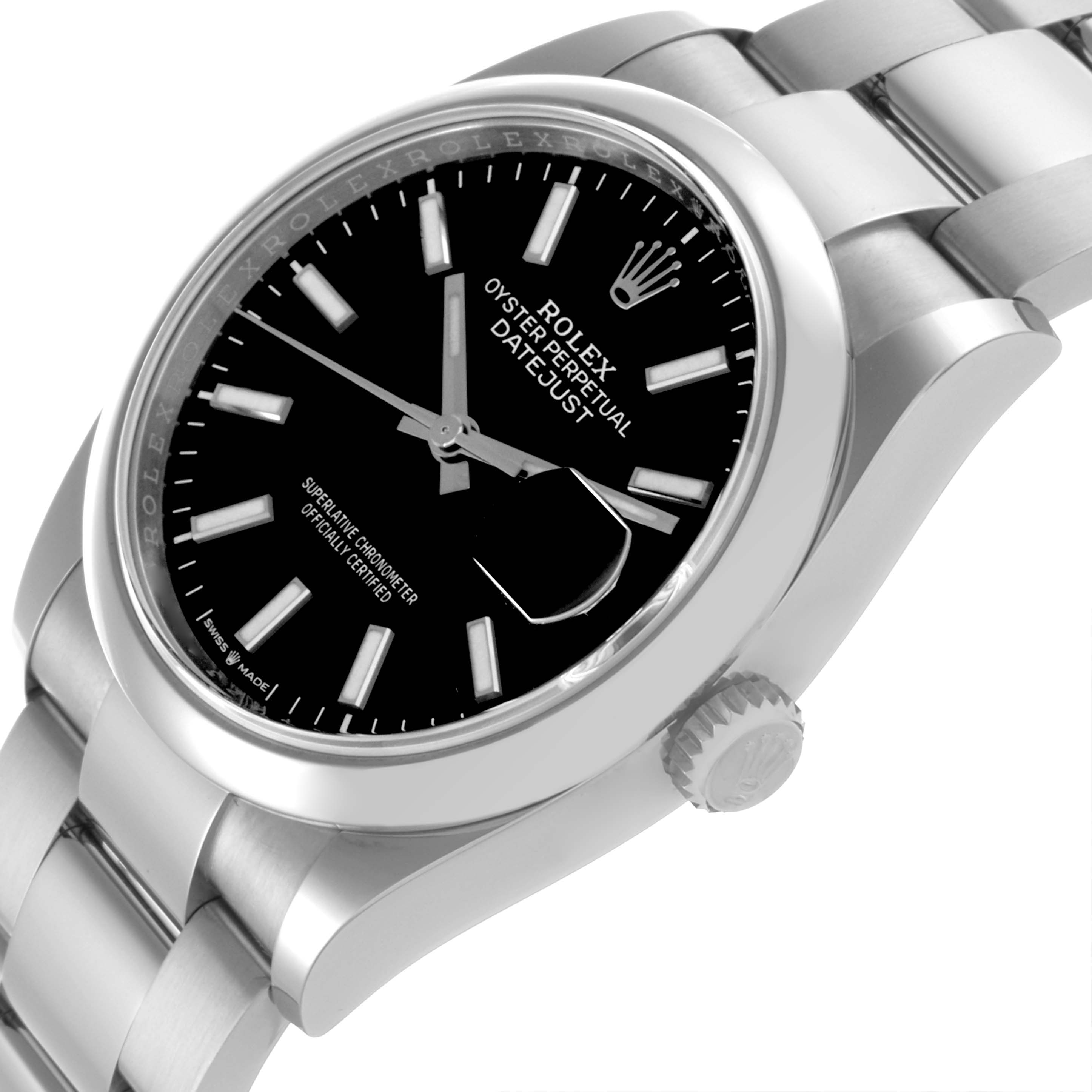 The image shows a Rolex Datejust 126200 Men's Stainless Steel Black Dial 126200 Men's Stainless Steel Black Dial watch at a slight angle, highlighting its black dial, crown, bezel, and metal bracelet.