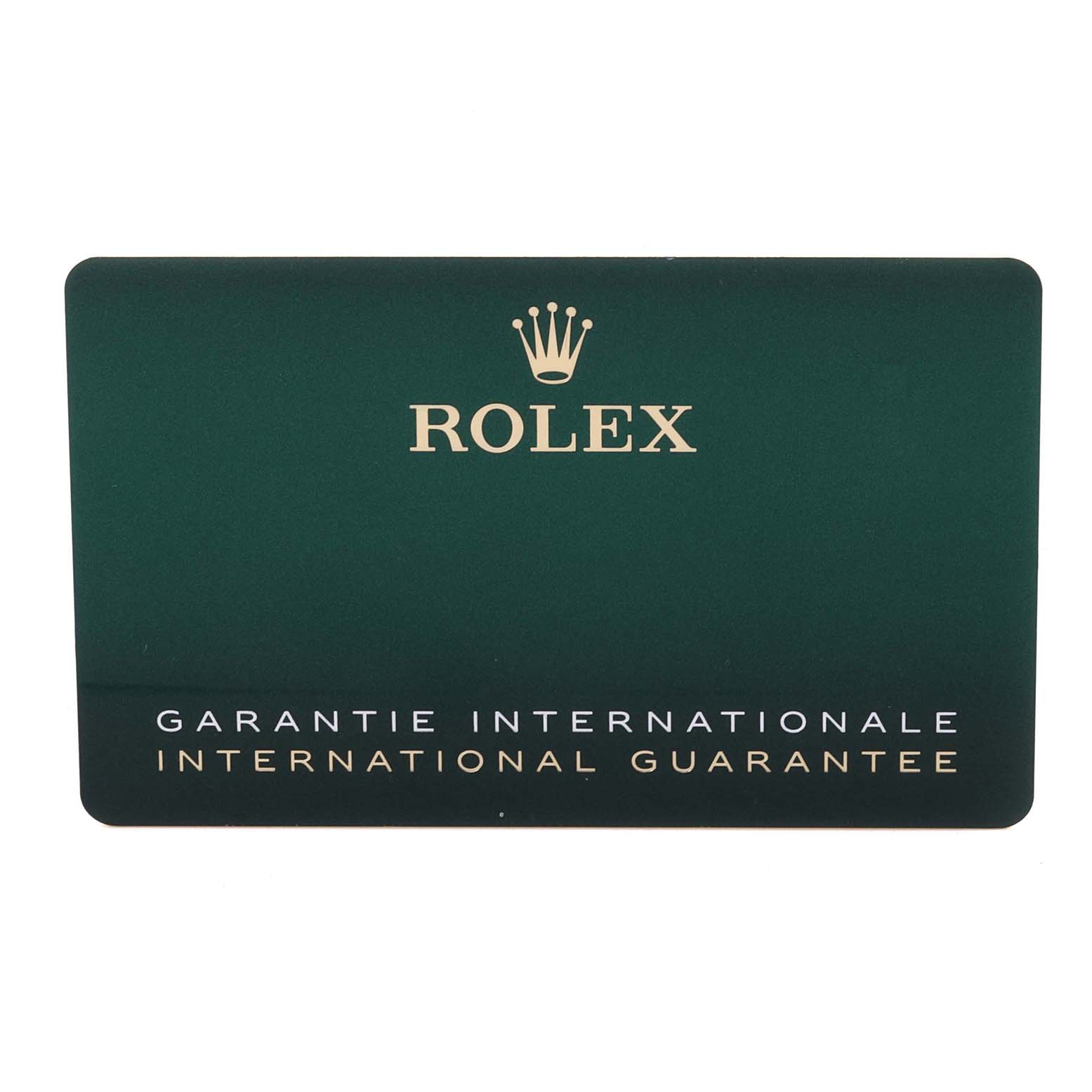 The image shows a green Rolex Datejust 126200 Men's Stainless Steel Black Dial 126200 Men's Stainless Steel Black Dial international guarantee card.