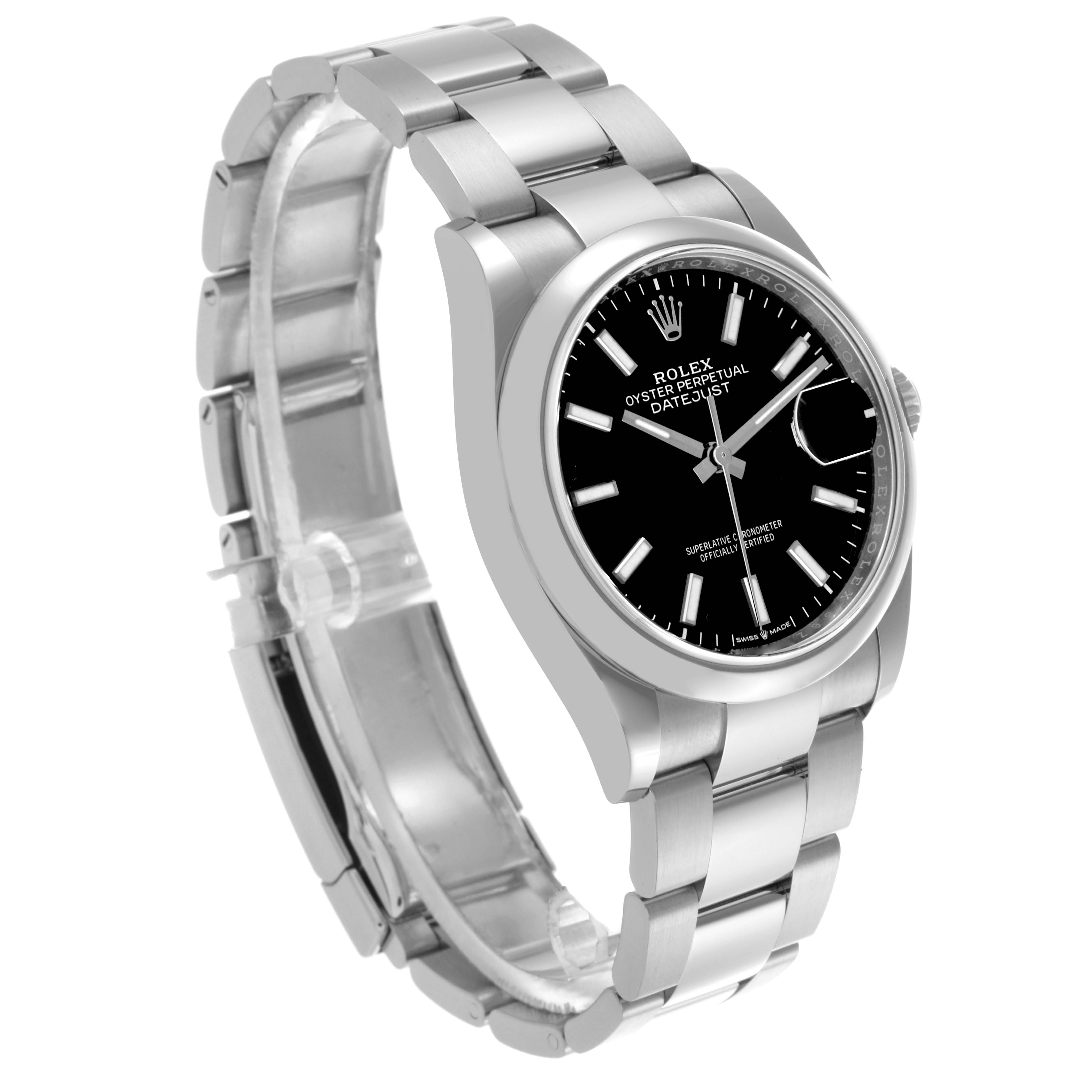 The Rolex Datejust 126200 Men's Stainless Steel Black Dial 126200 Men's Stainless Steel Black Dial watch is shown at a three-quarter angle, highlighting the dial, bezel, case, and bracelet.
