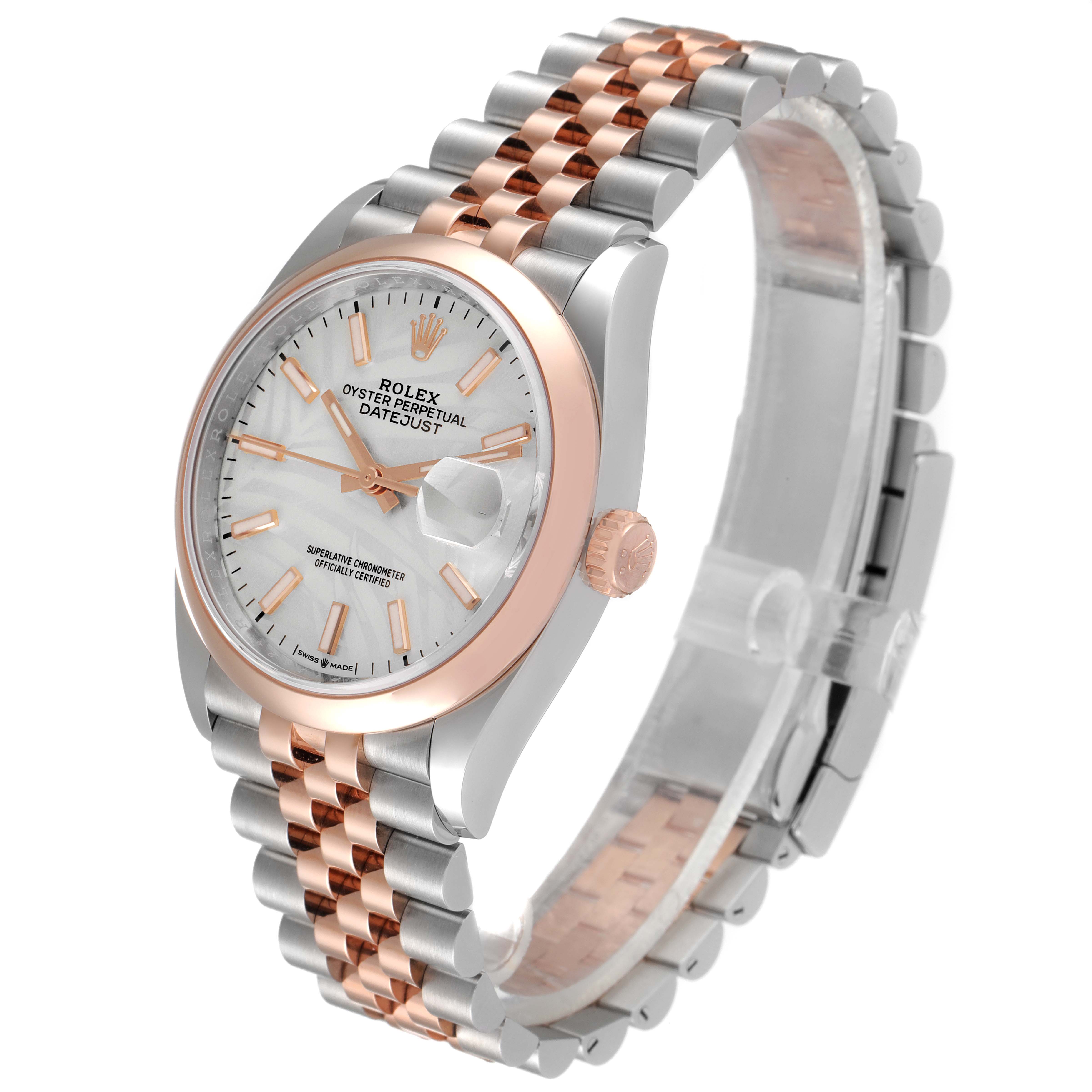 The image shows a Rolex Datejust 126201 Men's Steel and Gold (two tone) Silver Dial 126201 Men's Steel and Gold (two tone) Silver Dial watch at an angled side view, highlighting its rose gold and stainless steel bracelet and white dial.