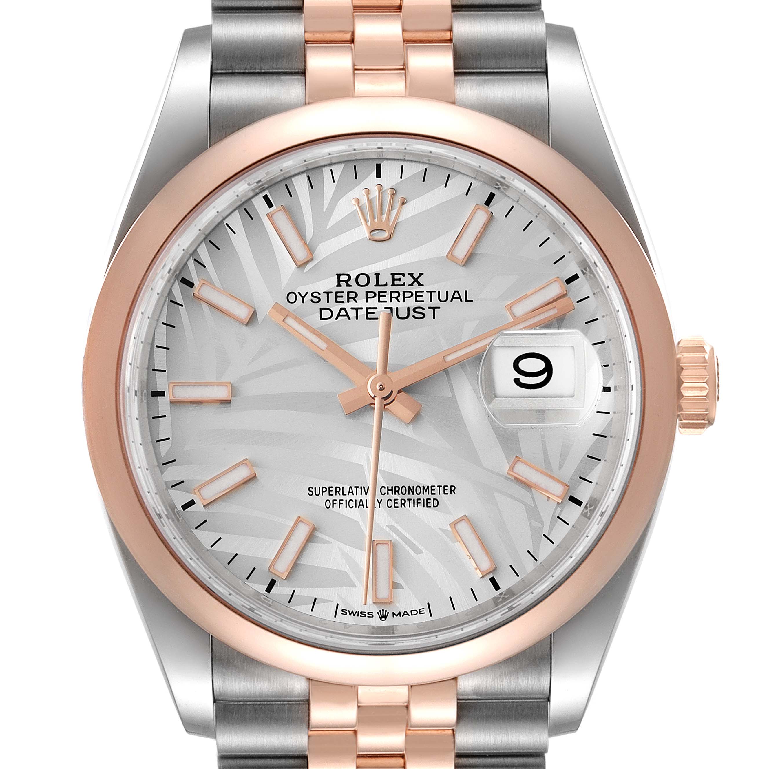 The Rolex Datejust 126201 Men's Steel and Gold (two tone) Silver Dial 126201 Men's Steel and Gold (two tone) Silver Dial watch is shown from a front view, highlighting its dial, hands, date, and part of the bracelet.