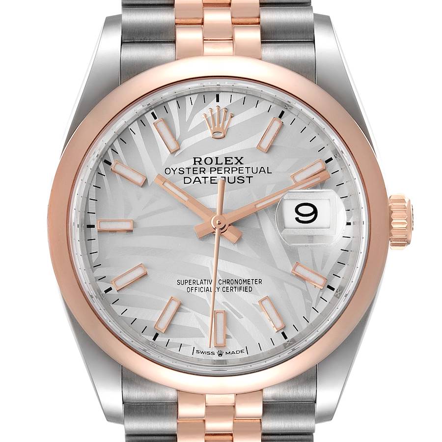 Rolex Datejust 36 Steel Rose Gold Silver Palm Dial Mens Watch 126201 Unworn SwissWatchExpo
