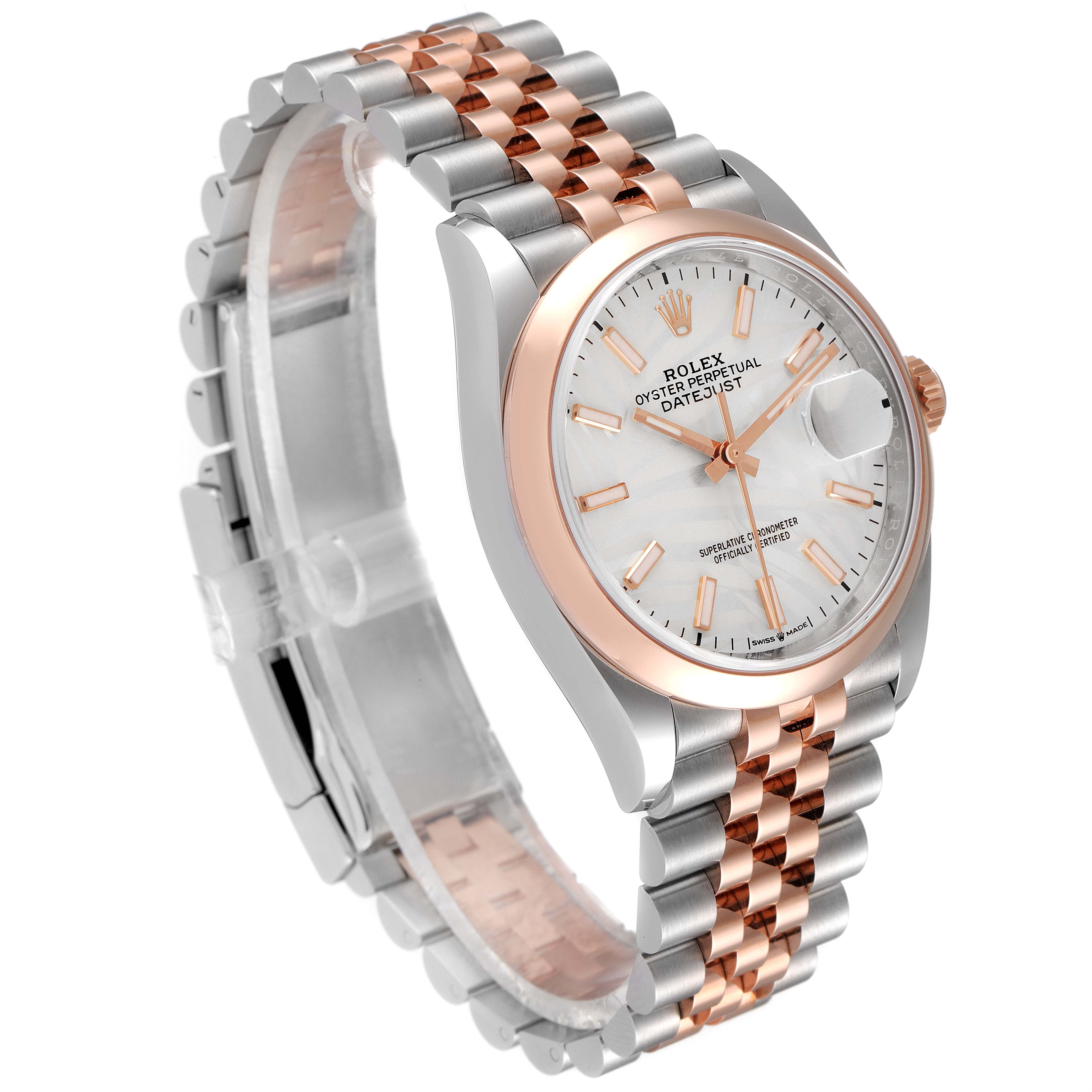 This image features a Rolex Datejust 126201 Men's Steel and Gold (two tone) Silver Dial 126201 Men's Steel and Gold (two tone) Silver Dial watch angled from the front-left showing the face, crown, and two-tone bracelet.