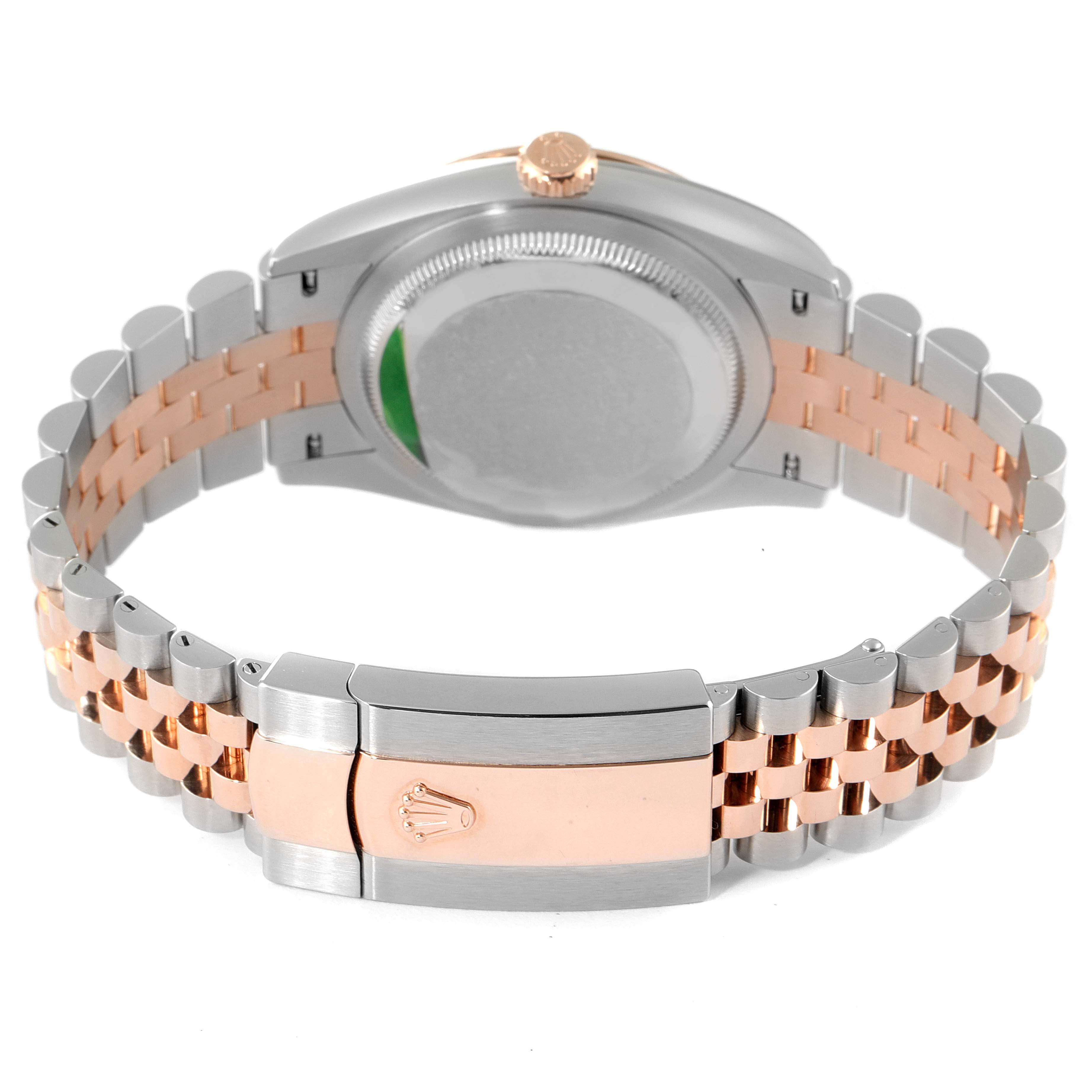 This image shows the back of a Rolex Datejust 126201 Men's Steel and Gold (two tone) Silver Dial 126201 Men's Steel and Gold (two tone) Silver Dial watch, focusing on its two-tone bracelet and clasp.