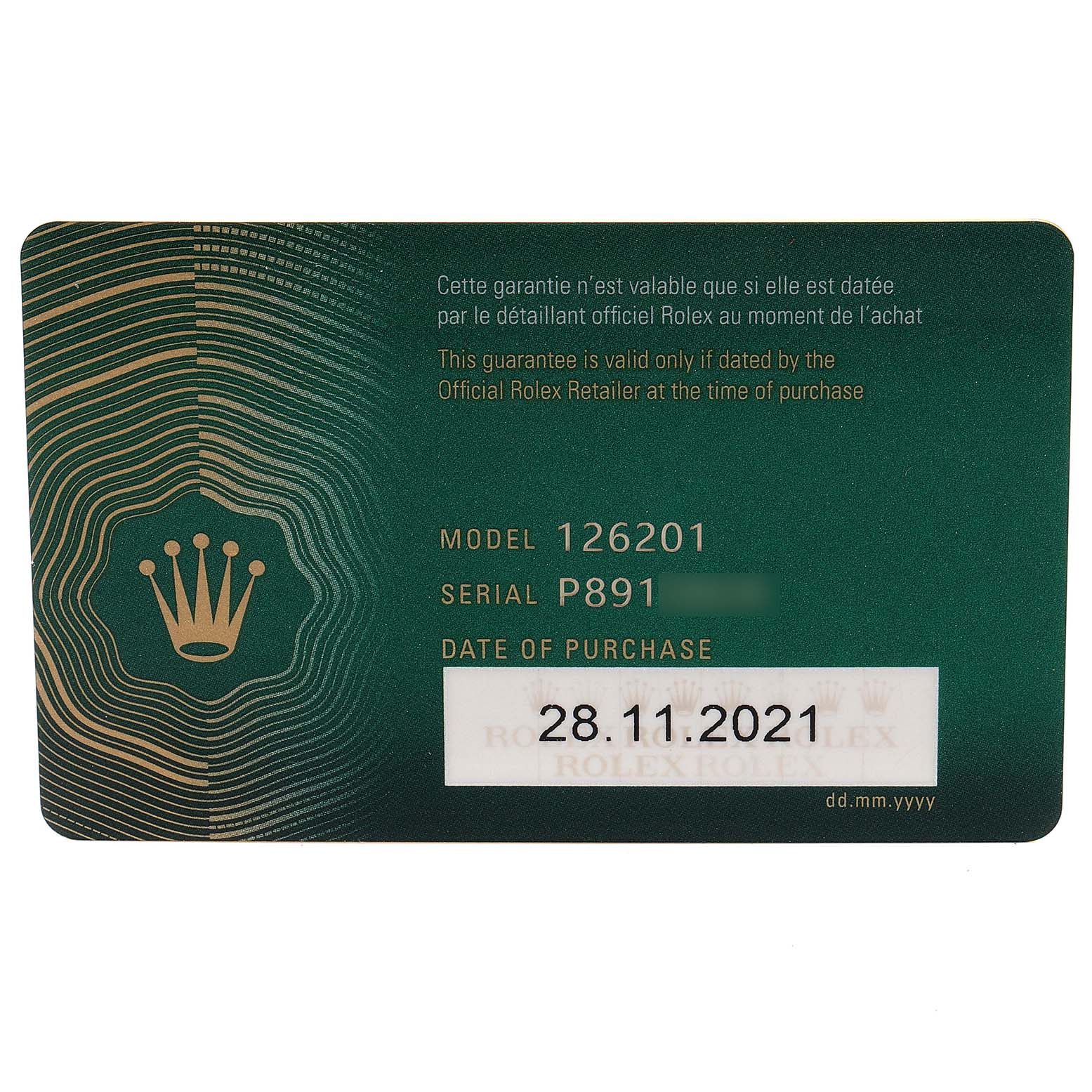 The image shows a guarantee card for the Rolex Datejust 126201 Men's Steel and Gold (two tone) Silver Dial 126201 Men's Steel and Gold (two tone) Silver Dial model 126201, including serial number and purchase date information.