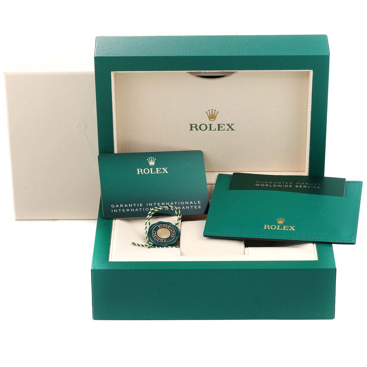 This image shows the packaging and accessories, including manuals and a tag, for a Rolex Datejust 126201 Men's Steel and Gold (two tone) Silver Dial 126201 Men's Steel and Gold (two tone) Silver Dial model watch.