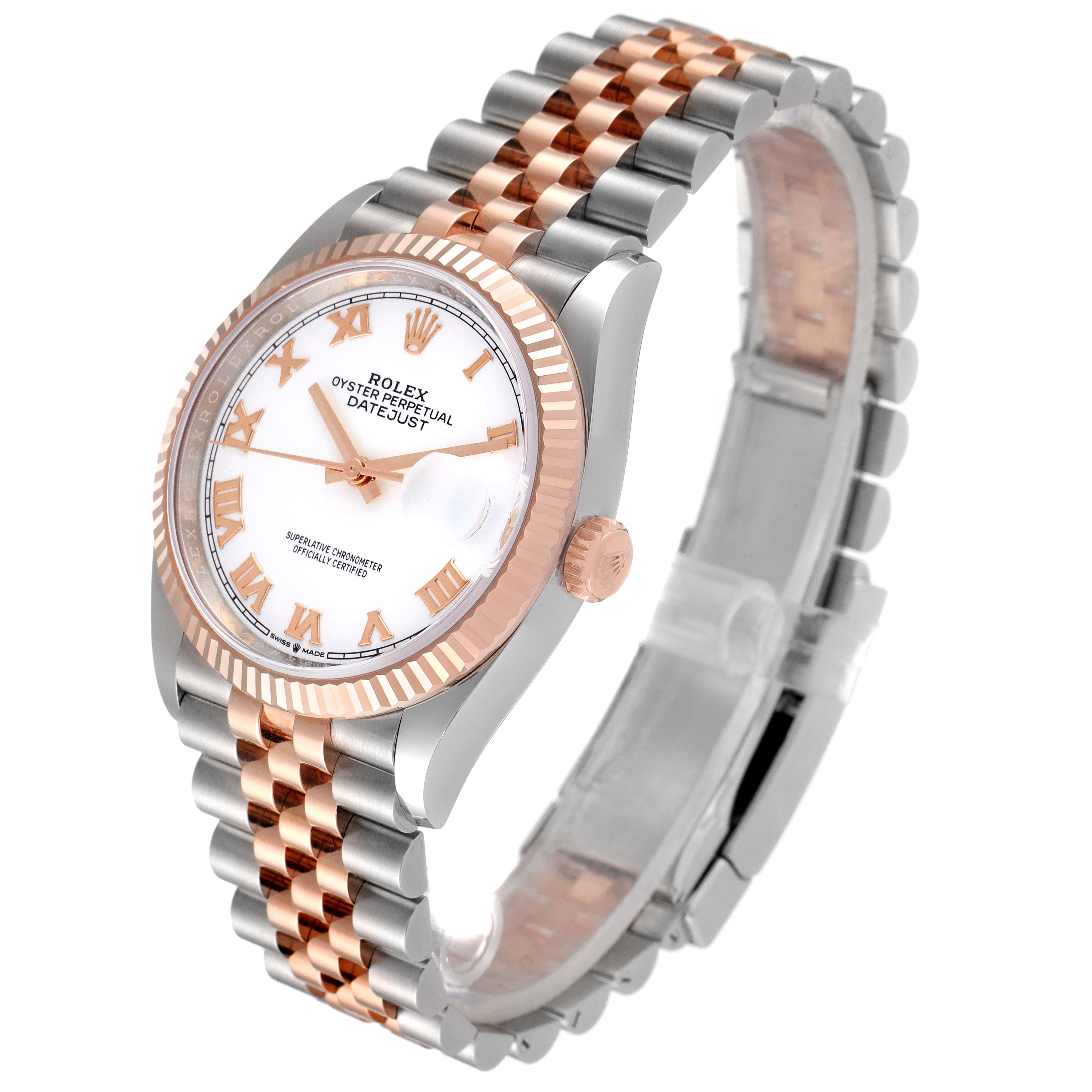 This Rolex Datejust 126231 Men's Steel and Gold (two tone) White Dial 126231 Men's Steel and Gold (two tone) White Dial watch is shown at a three-quarter angle, featuring its dial, bezel, crown, and Jubilee bracelet.