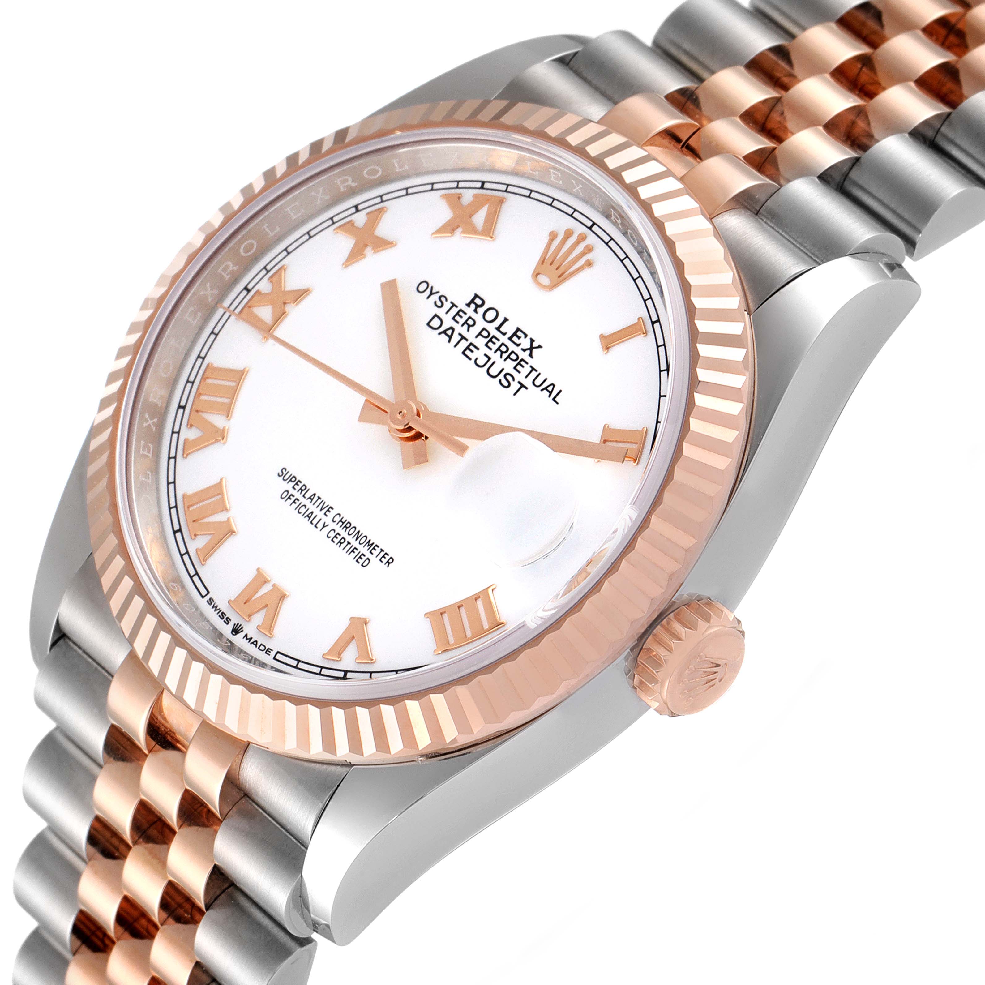 The image shows a close-up angle of a Rolex Datejust 126231 Men's Steel and Gold (two tone) White Dial 126231 Men's Steel and Gold (two tone) White Dial watch, displaying the face, bezel, crown, and a section of the bracelet.