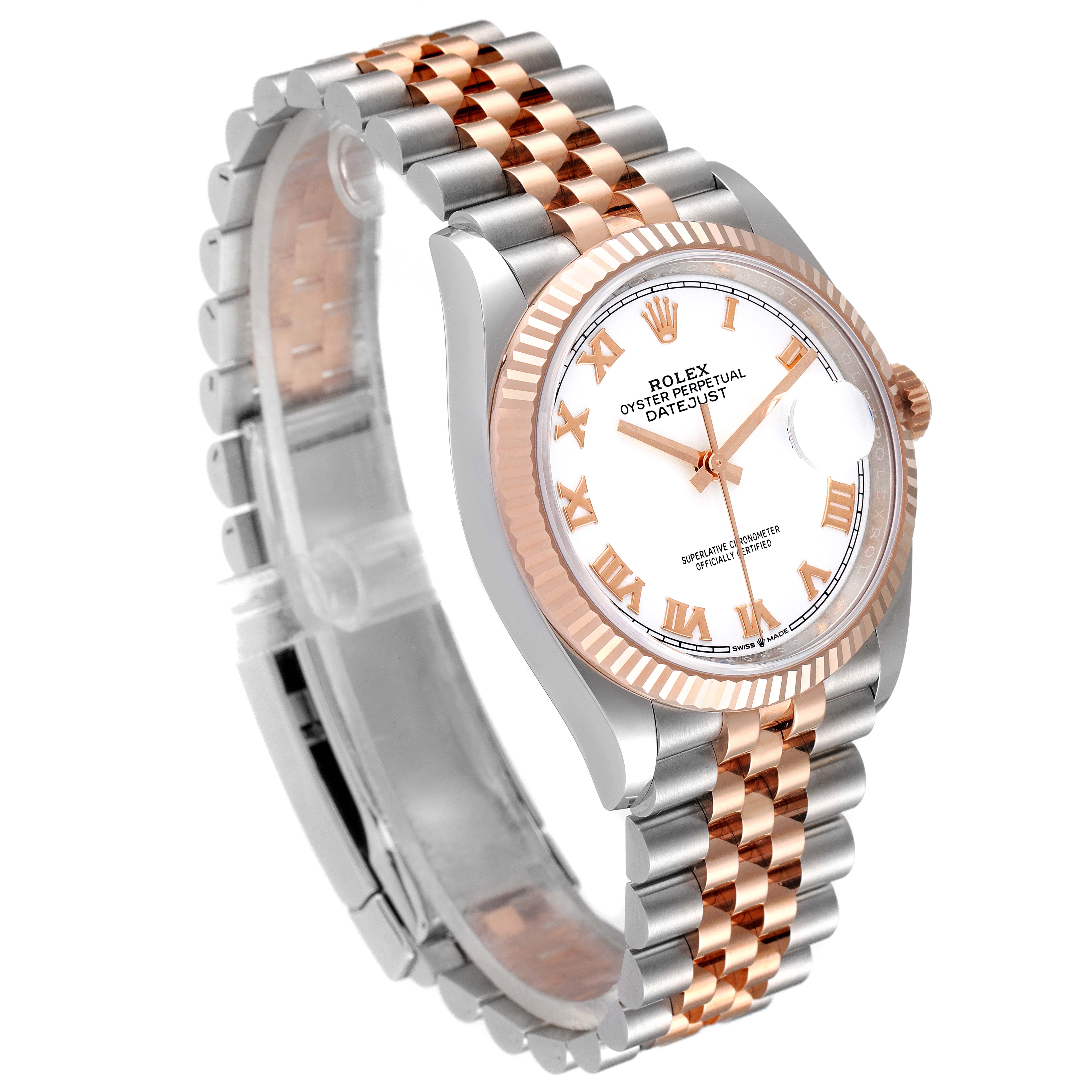 The image shows a Rolex Datejust 126231 Men's Steel and Gold (two tone) White Dial 126231 Men's Steel and Gold (two tone) White Dial watch from a side angle, highlighting its two-tone bracelet, fluted bezel, and white dial with Roman numerals.