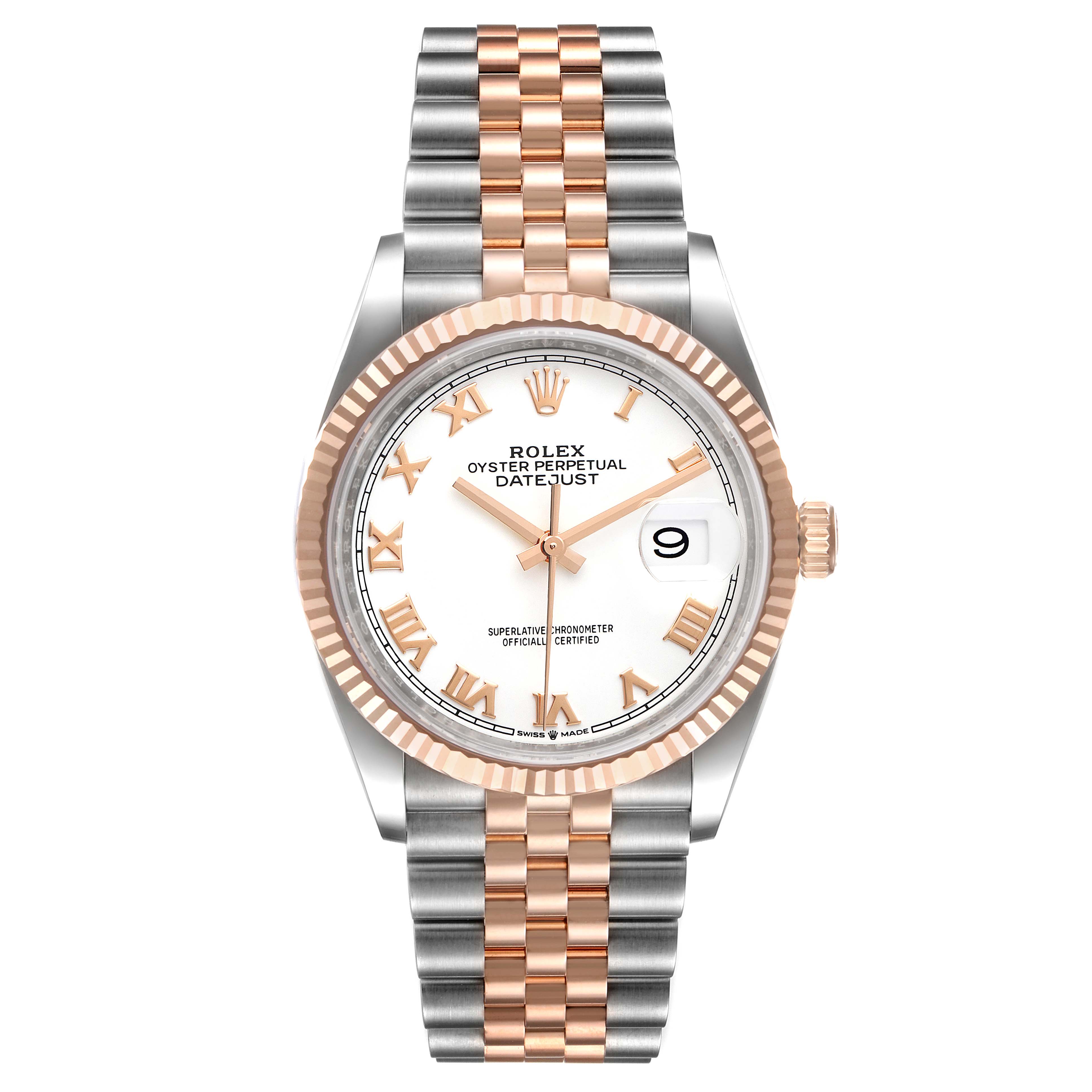 The image shows a Rolex Datejust 126231 Men's Steel and Gold (two tone) White Dial 126231 Men's Steel and Gold (two tone) White Dial watch from the front, highlighting the dial, hands, and two-tone bracelet.