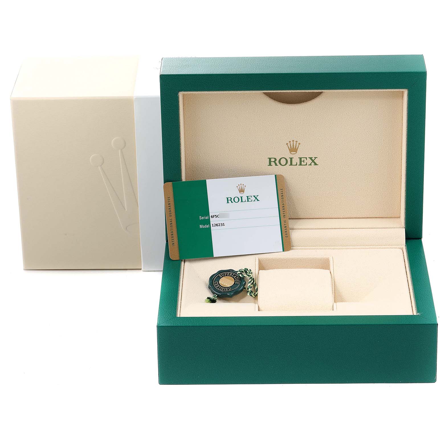 The image shows the packaging of a Rolex Datejust 126231 Men's Steel and Gold (two tone) White Dial 126231 Men's Steel and Gold (two tone) White Dial watch, including the box, warranty card, and hang tag from a frontal angle.
