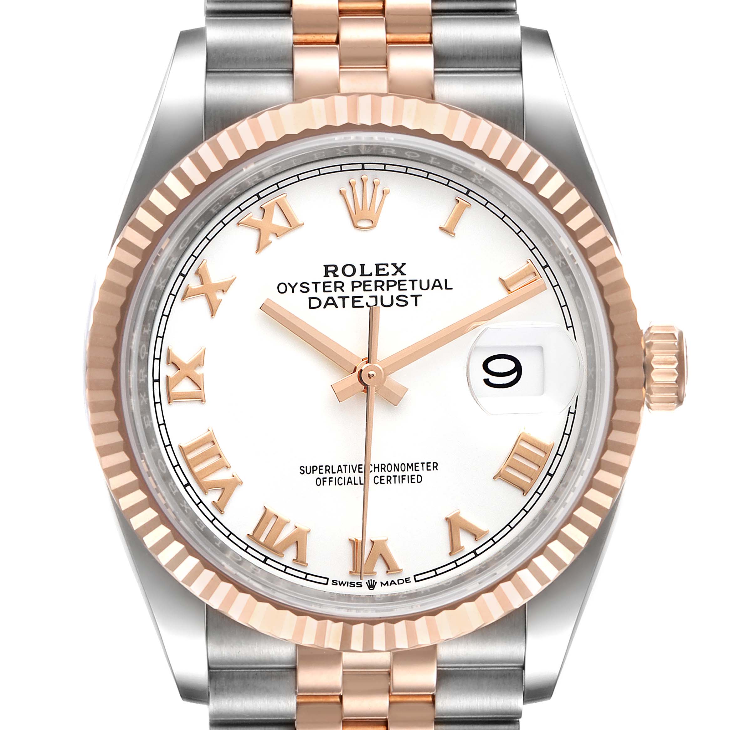 The image displays a Rolex Datejust 126231 Men's Steel and Gold (two tone) White Dial 126231 Men's Steel and Gold (two tone) White Dial watch face and bezel from a front angle, highlighting the dial and bracelet.