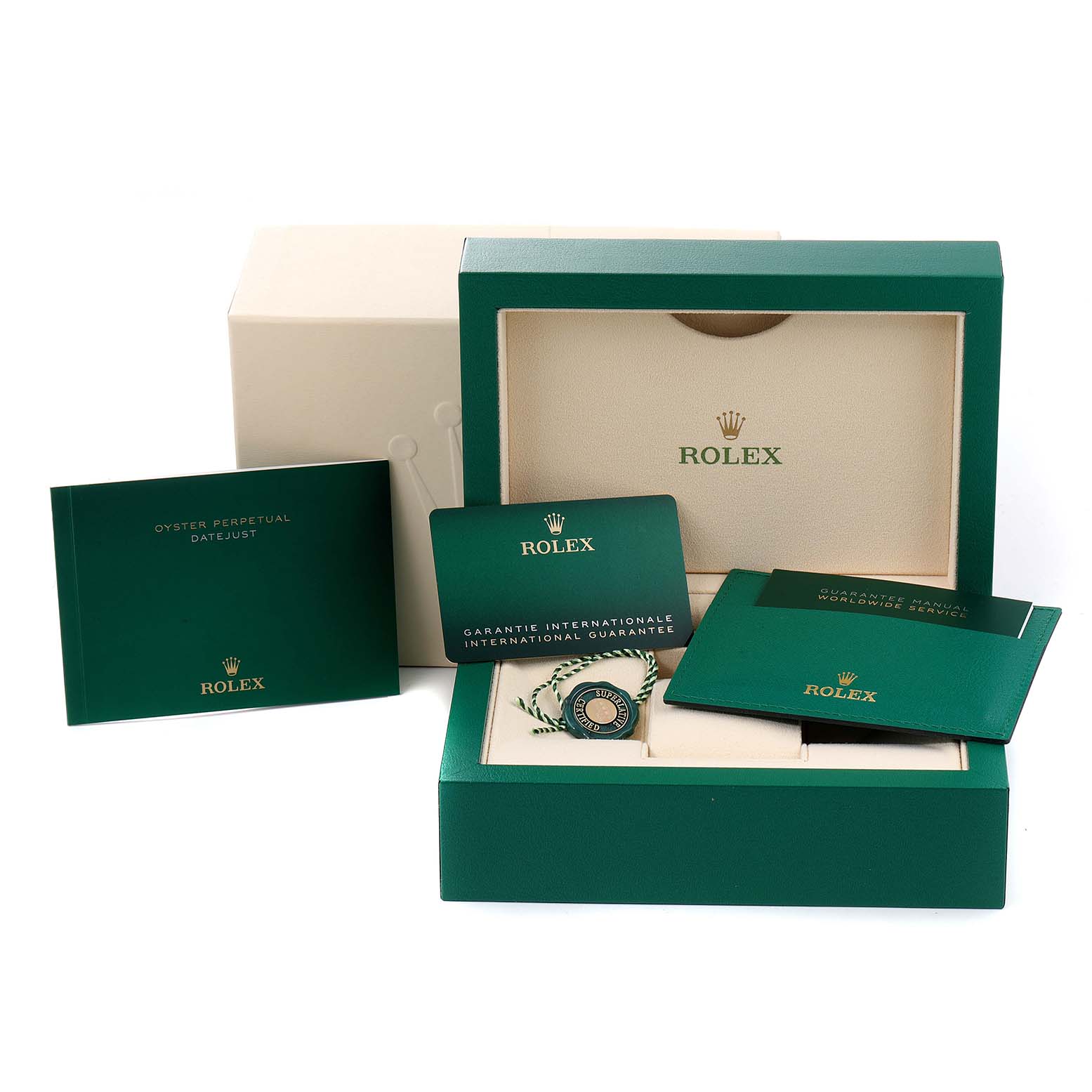 The image shows the Rolex Datejust 126281 Men's Steel and Gold (two tone) Grey Dial 126281 Men's Steel and Gold (two tone) Grey Dial packaging, including the box, guarantee card, manuals, and tag, from a frontal angle.