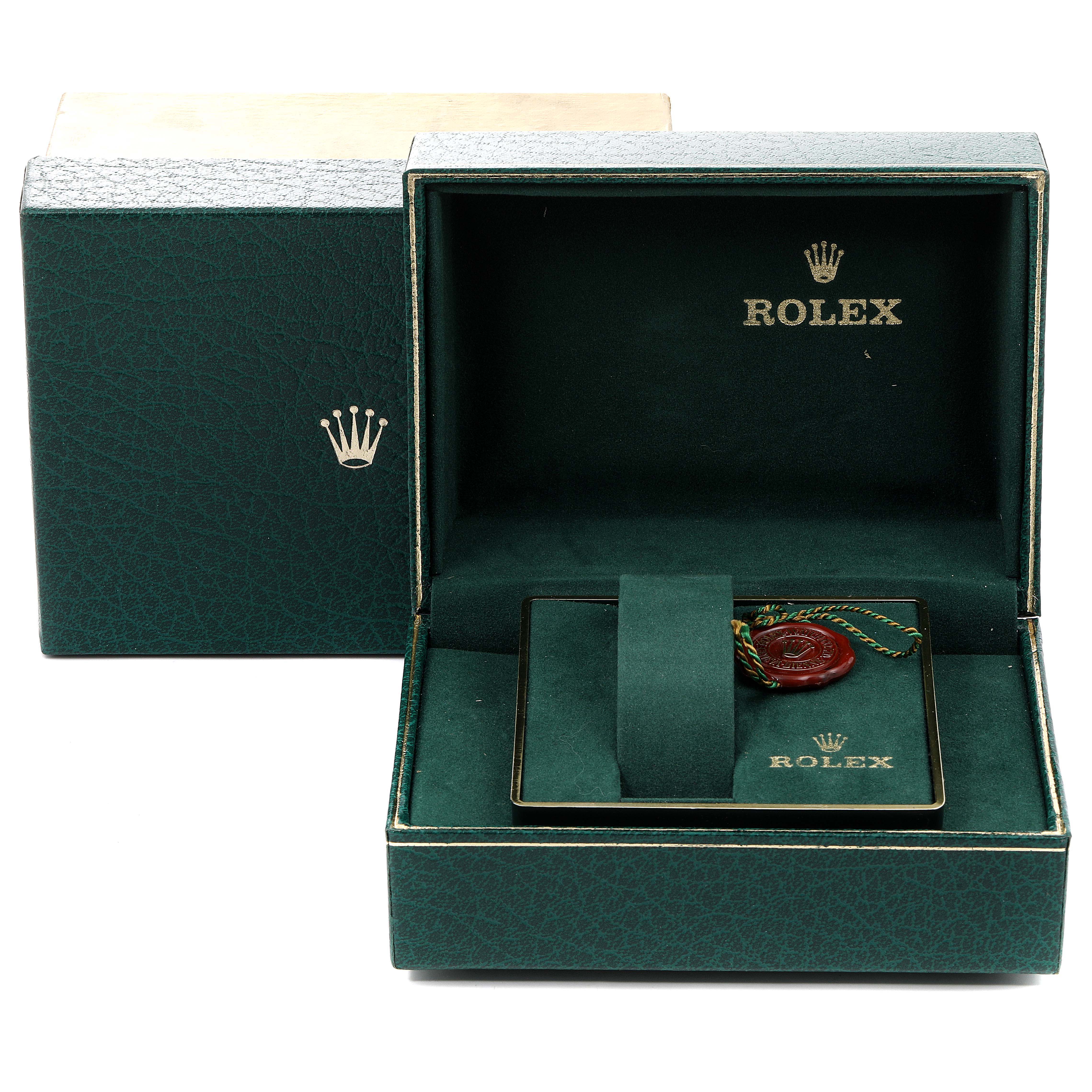 The image shows an open box for a Rolex Vintage Collection 16013 Men's Steel and Gold (two tone) Silver Dial 16013 Men's Steel and Gold (two tone) Silver Dial model, displaying the watch holder and logo inside.