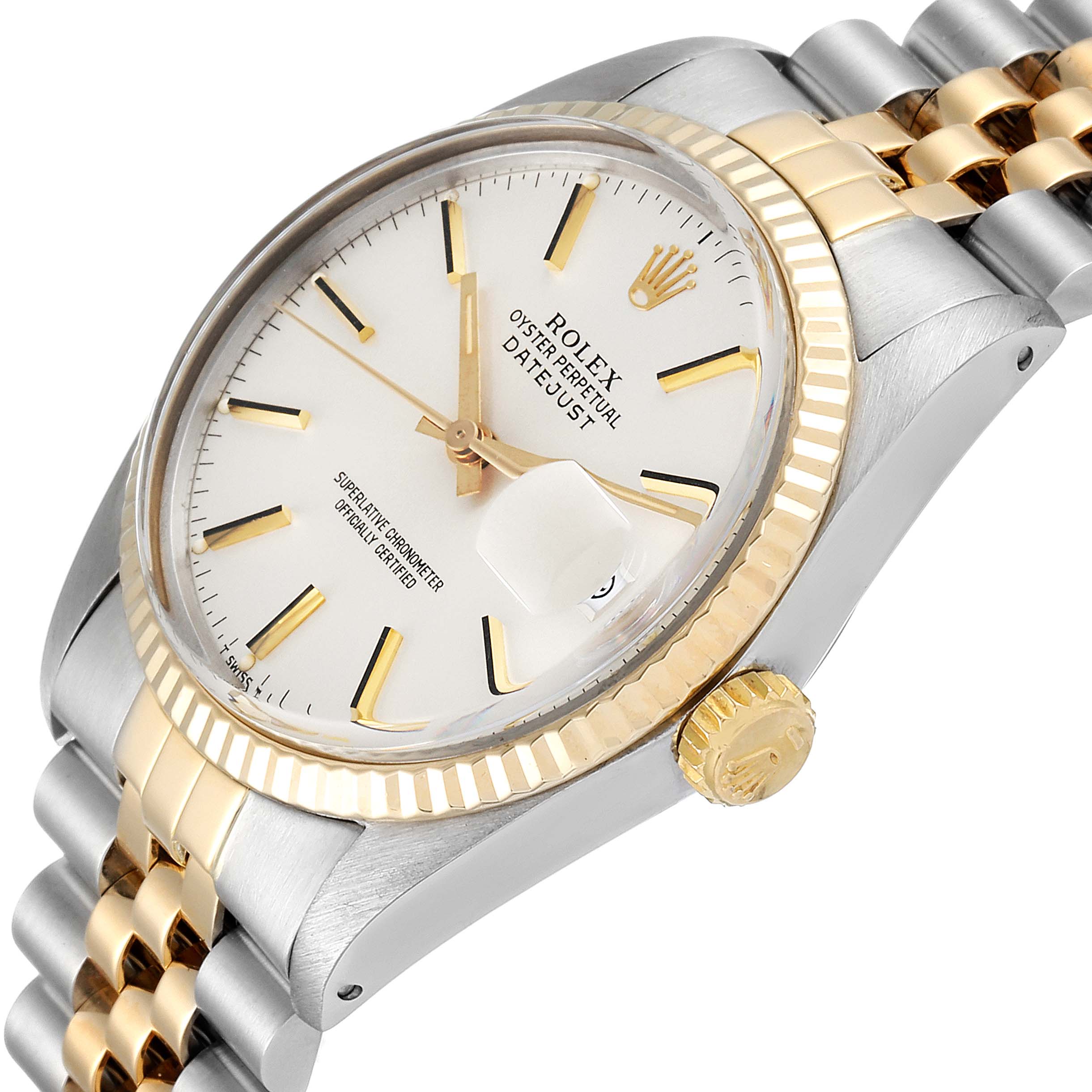 The Rolex Vintage Collection 16013 Men's Steel and Gold (two tone) Silver Dial 16013 Men's Steel and Gold (two tone) Silver Dial watch is shown at an angled view, displaying the face, bezel, crown, and part of the bracelet.