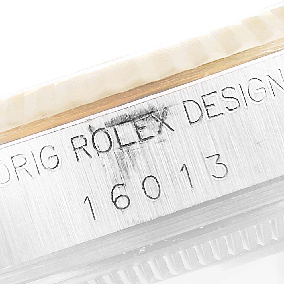 The image shows a close-up of the side case focusing on the model number "16013" and the text "ORIG ROLEX DESIGN" for a Vintage Collection Rolex watch.