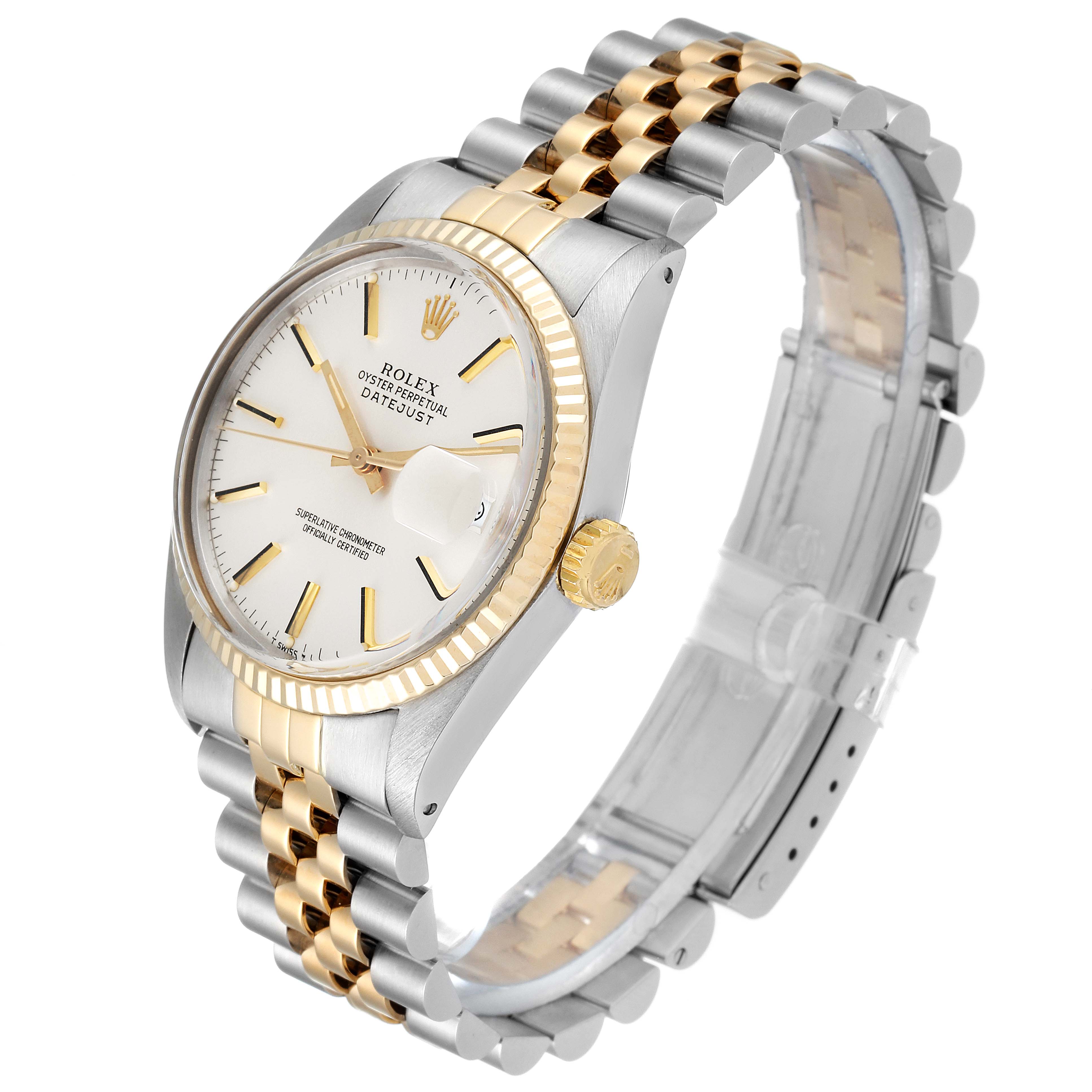 The image shows a Rolex Vintage Collection 16013 Men's Steel and Gold (two tone) Silver Dial 16013 Men's Steel and Gold (two tone) Silver Dial Datejust watch at an angled view, highlighting its face, bezel, and bracelet.