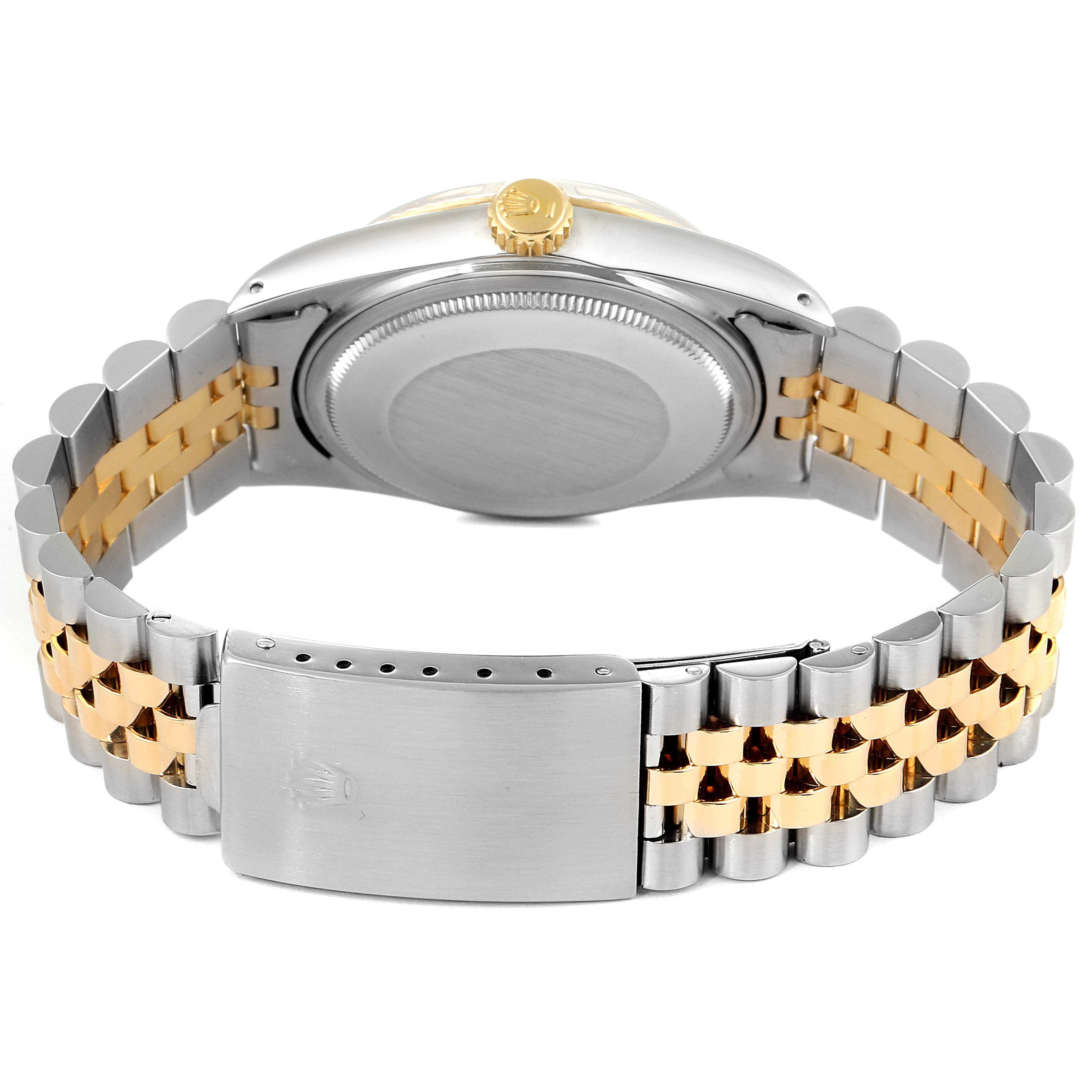 The image shows the back view of a Vintage Collection Rolex watch, highlighting the case back, crown, and two-tone bracelet.