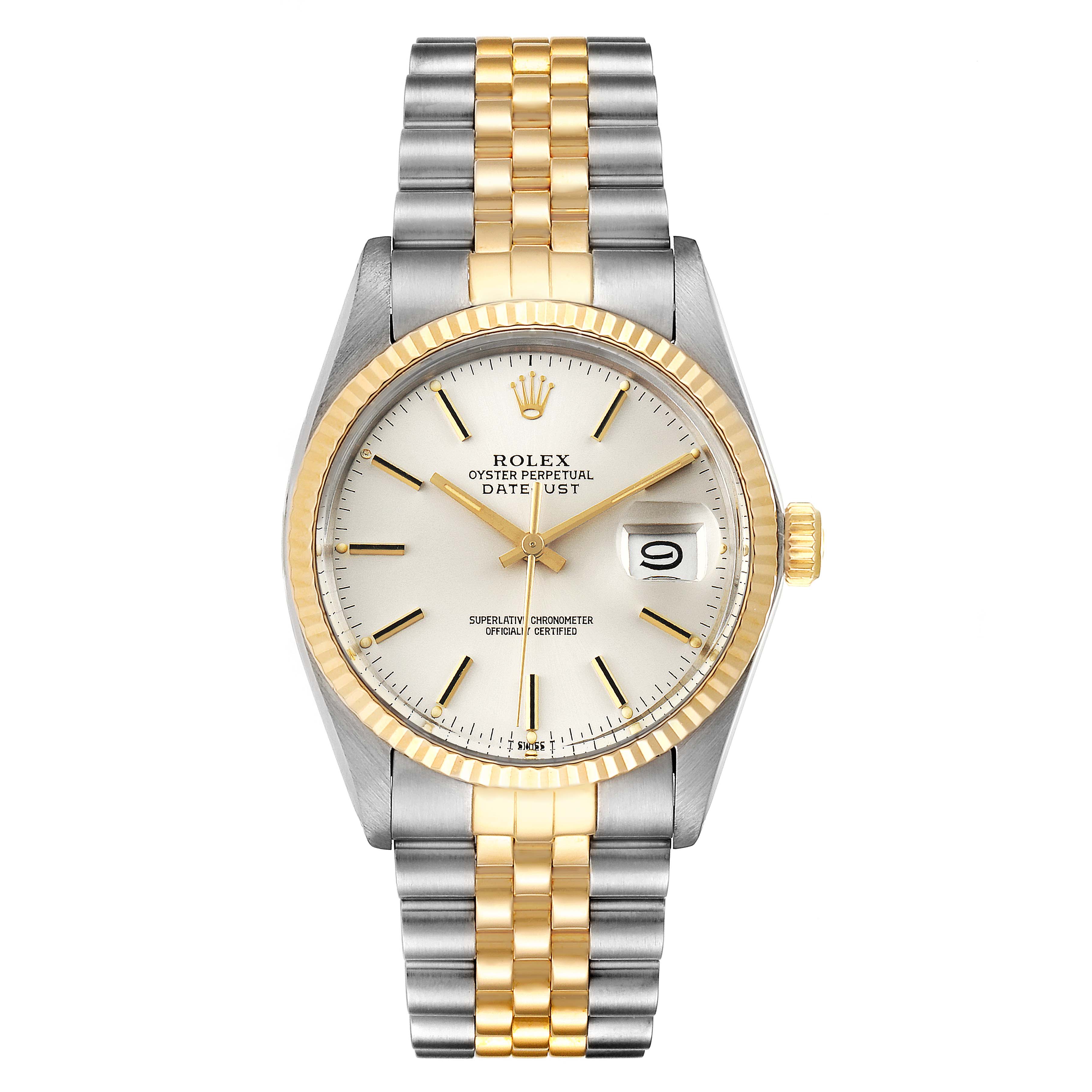 This image shows a front view of the Rolex Vintage Collection 16013 Men's Steel and Gold (two tone) Silver Dial 16013 Men's Steel and Gold (two tone) Silver Dial Datejust watch, highlighting its two-tone bracelet, dial, and date window.