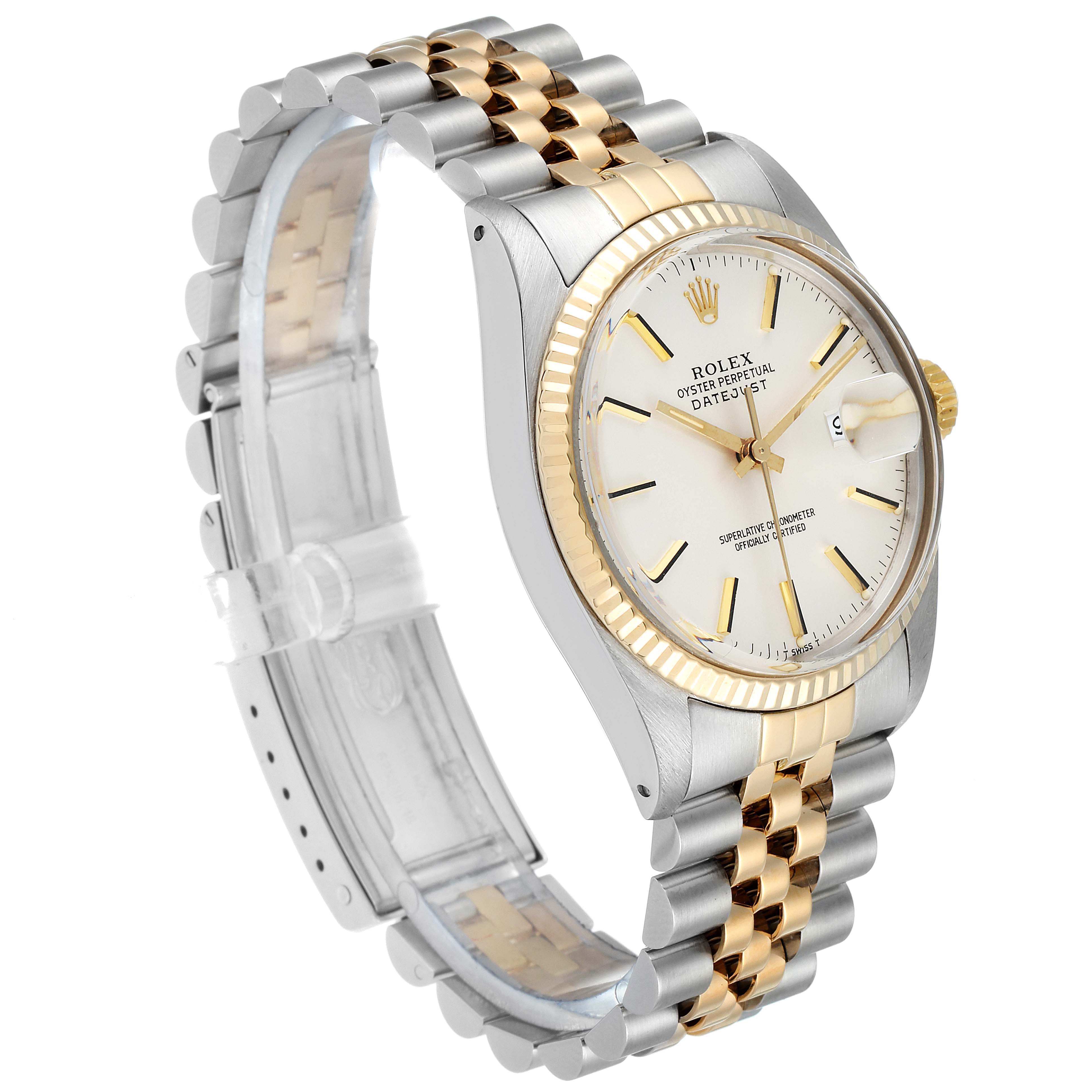 This image shows a side angle of a Rolex Vintage Collection 16013 Men's Steel and Gold (two tone) Silver Dial 16013 Men's Steel and Gold (two tone) Silver Dial model watch, focusing on its dial, bezel, and two-tone bracelet.