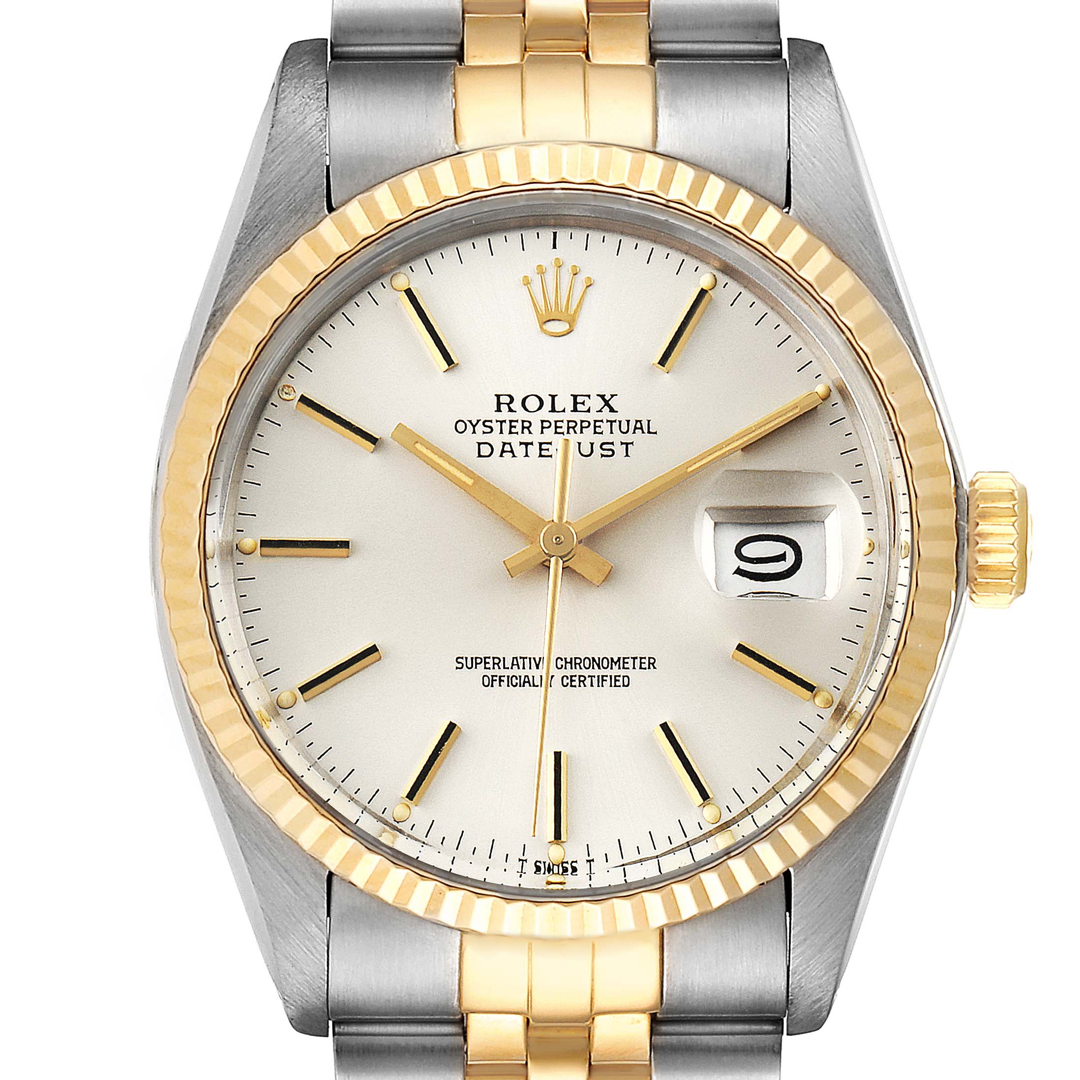 This image shows a front-angle view of the Rolex Vintage Collection 16013 Men's Steel and Gold (two tone) Silver Dial 16013 Men's Steel and Gold (two tone) Silver Dial Datejust watch, displaying its dial, bezel, and part of the bracelet.