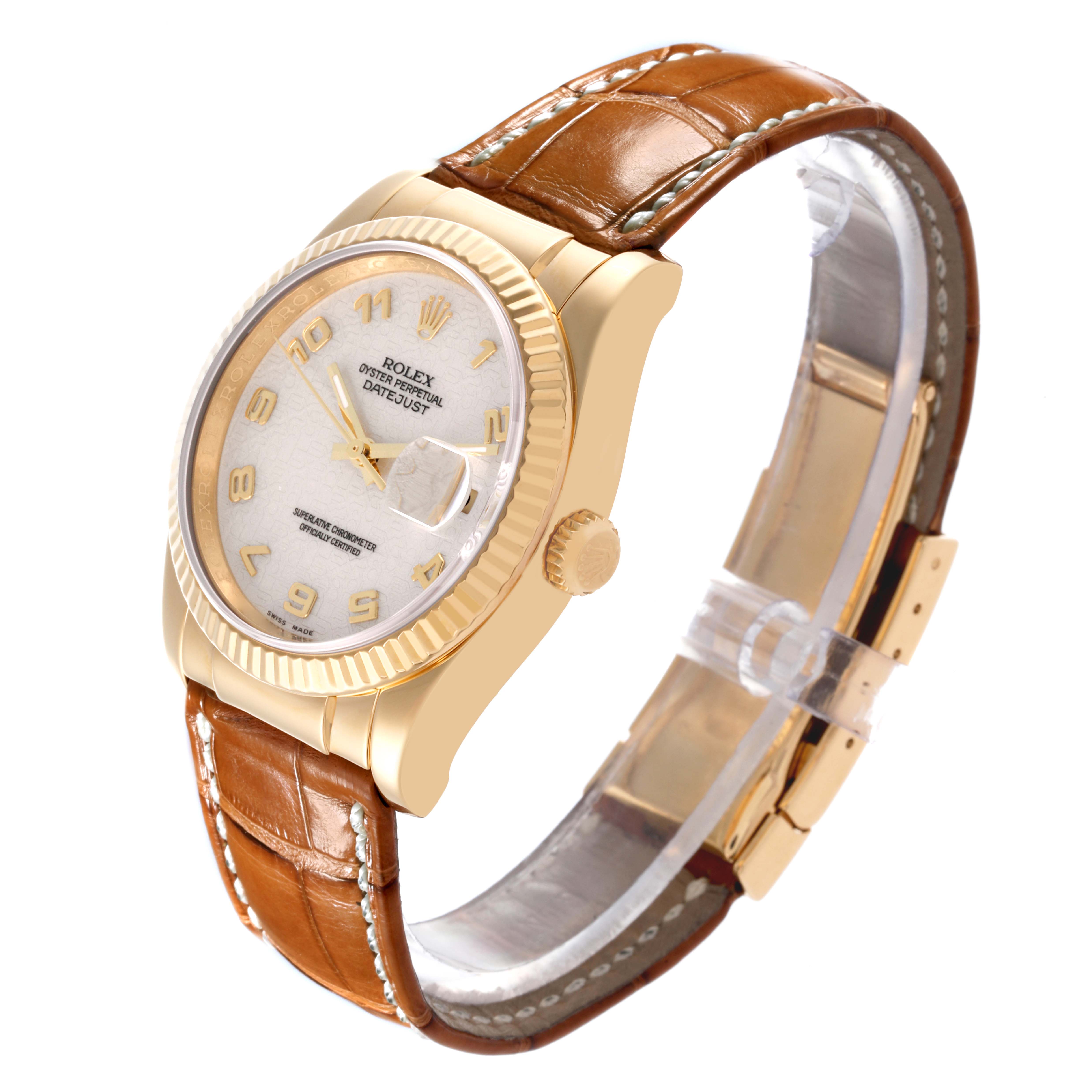 The Rolex Datejust 116138 Men's Yellow Gold White Dial 116138 Men's Yellow Gold White Dial watch is shown at an angled side view featuring its face, bezel, crown, and brown leather strap.