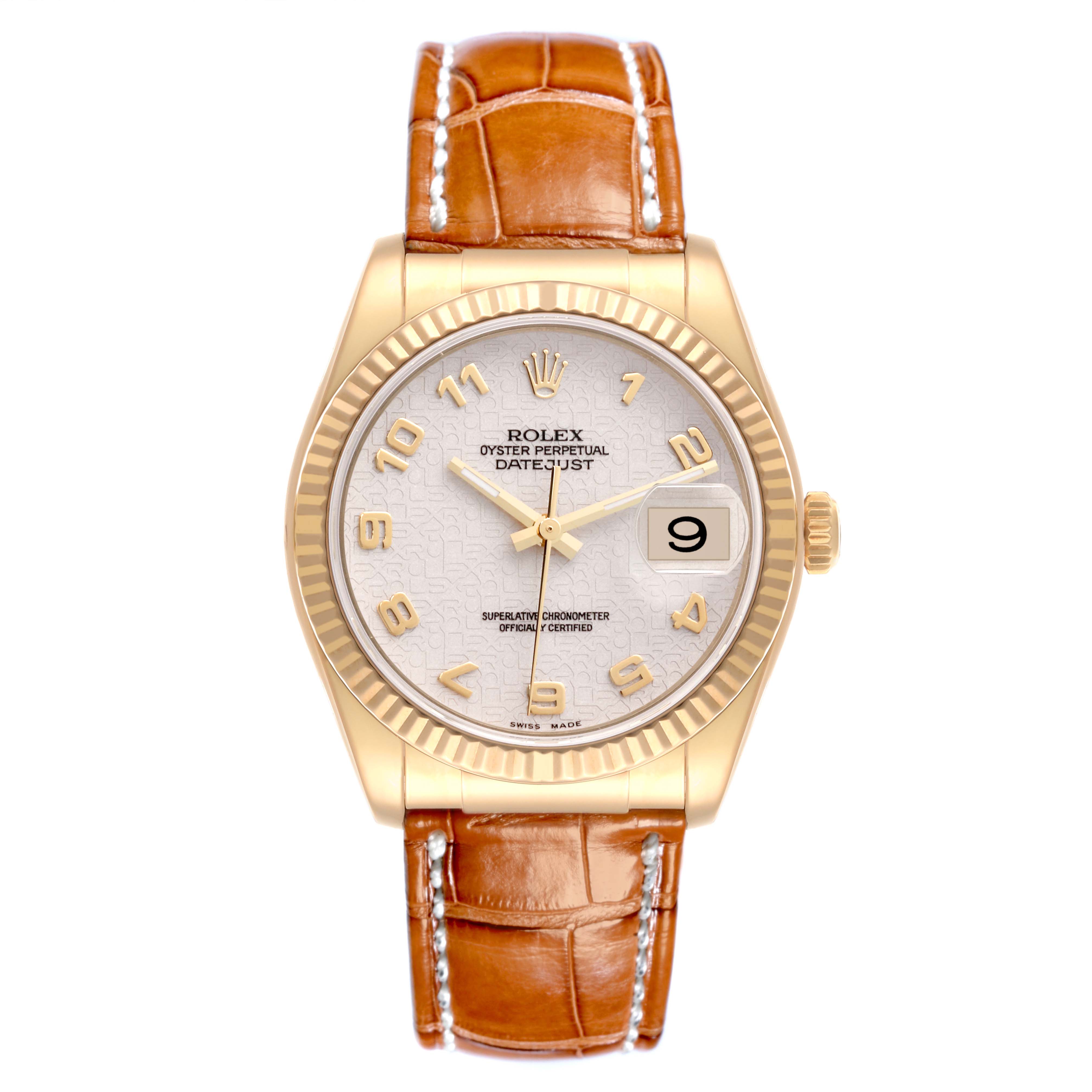 The Rolex Datejust 116138 Men's Yellow Gold White Dial 116138 Men's Yellow Gold White Dial watch is shown from a front view, displaying its dial, bezel, and leather strap.