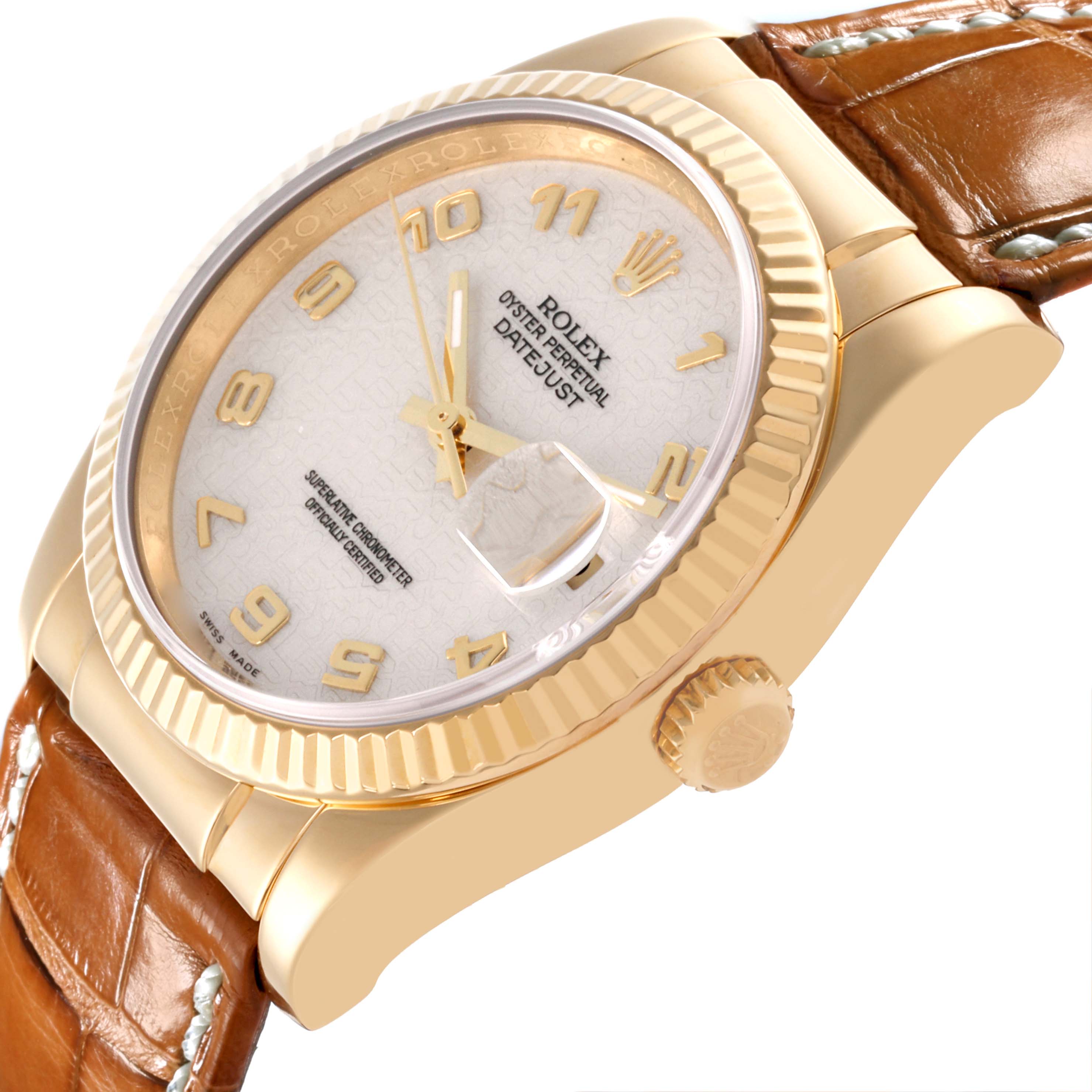The Rolex Datejust 116138 Men's Yellow Gold White Dial 116138 Men's Yellow Gold White Dial watch is shown from a side angle, displaying the dial, bezel, crown, and part of the leather strap.