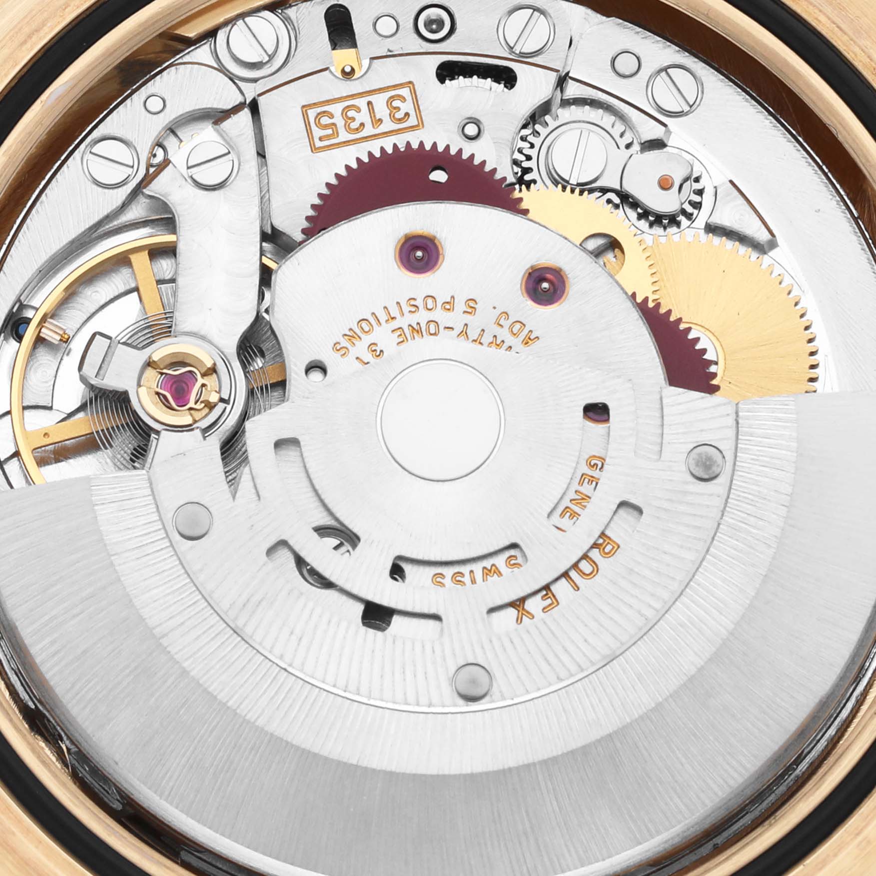 The image shows a close-up of the movement mechanism of a Rolex Datejust 116138 Men's Yellow Gold White Dial 116138 Men's Yellow Gold White Dial watch.