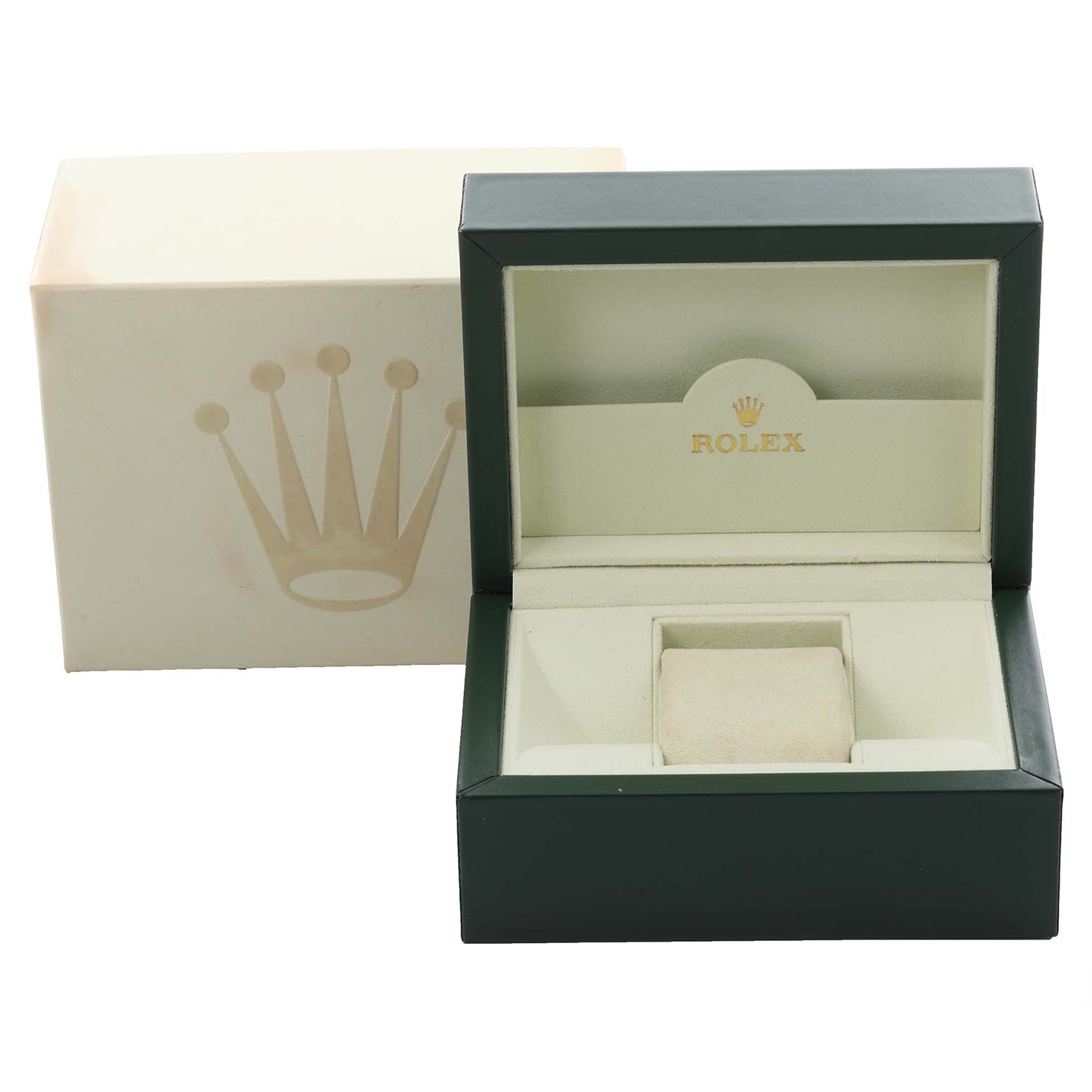 The image shows an open Rolex Datejust 116138 Men's Yellow Gold White Dial 116138 Men's Yellow Gold White Dial watch box with a green exterior and beige interior, alongside its outer box.