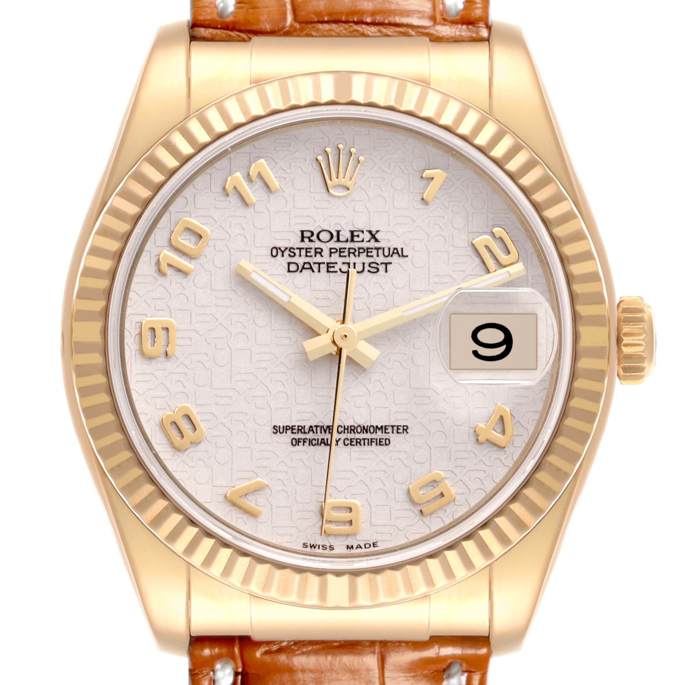 The Rolex Datejust 116138 Men's Yellow Gold White Dial 116138 Men's Yellow Gold White Dial watch is shown from the front, displaying the dial, bezel, crown, and part of the leather strap.