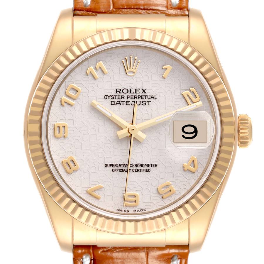 The Rolex Datejust watch is shown from the front, displaying the dial, bezel, crown, and part of the leather strap.