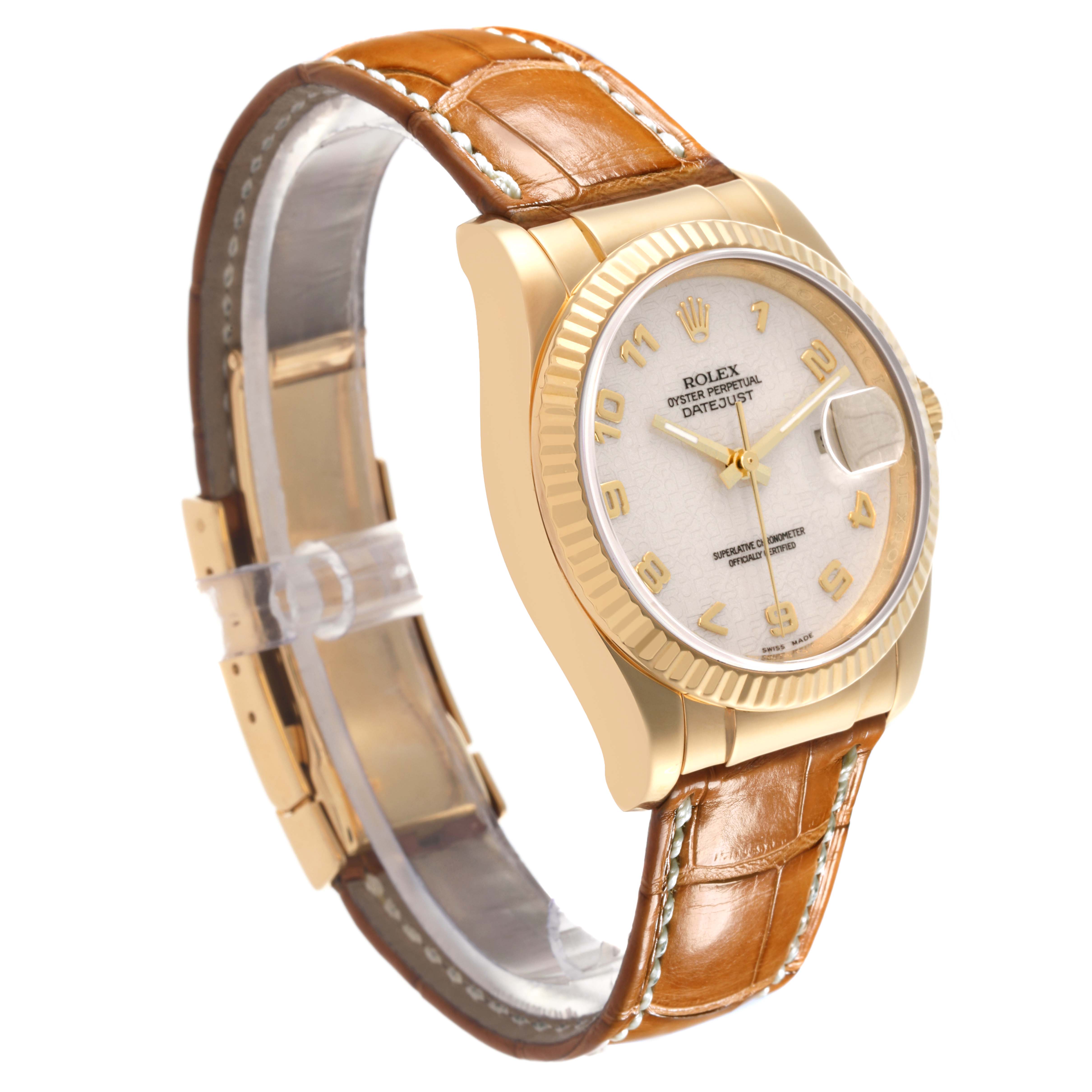 The Rolex Datejust 116138 Men's Yellow Gold White Dial 116138 Men's Yellow Gold White Dial watch is shown at an angled side view, highlighting the face, bezel, and brown leather strap.
