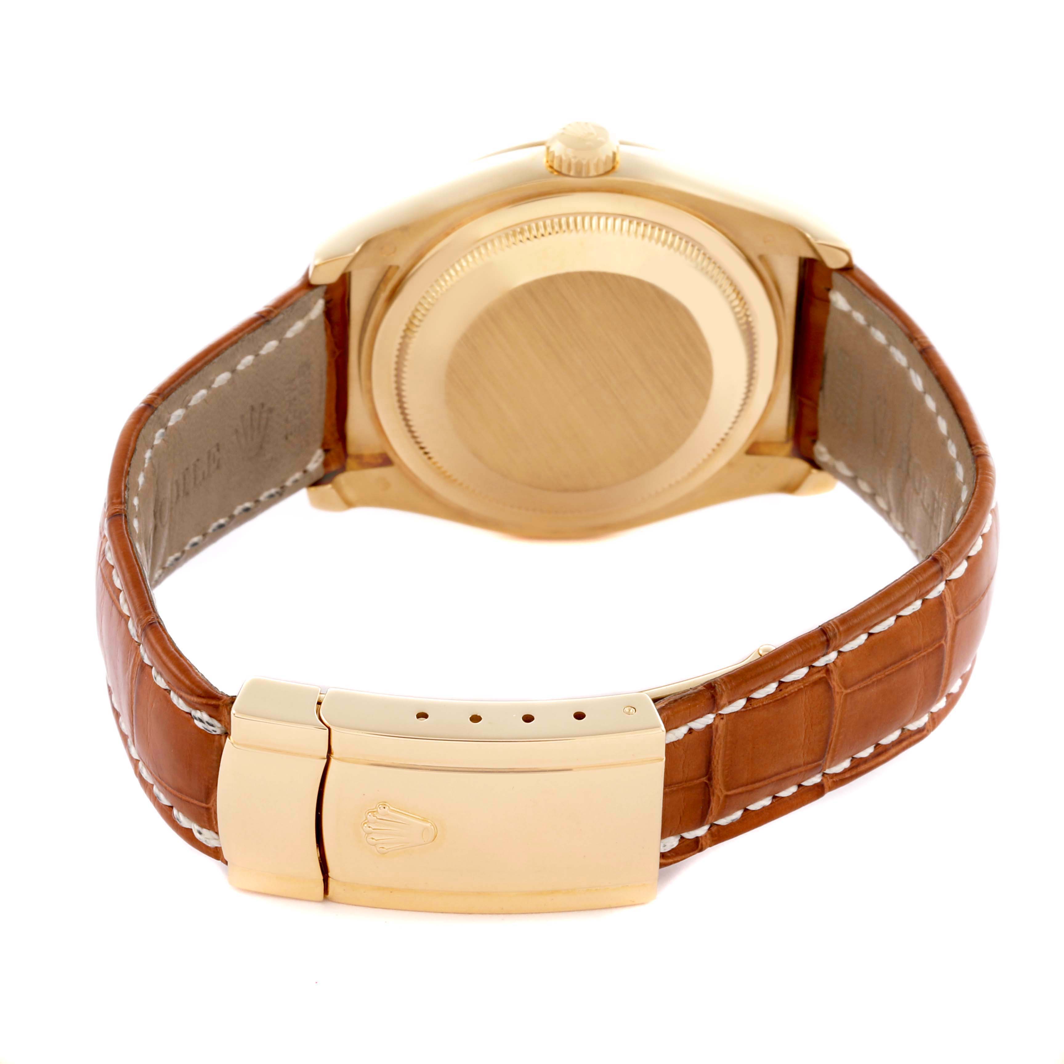 The image shows the back of a Rolex Datejust 116138 Men's Yellow Gold White Dial 116138 Men's Yellow Gold White Dial watch with its case, crown, and brown leather strap.
