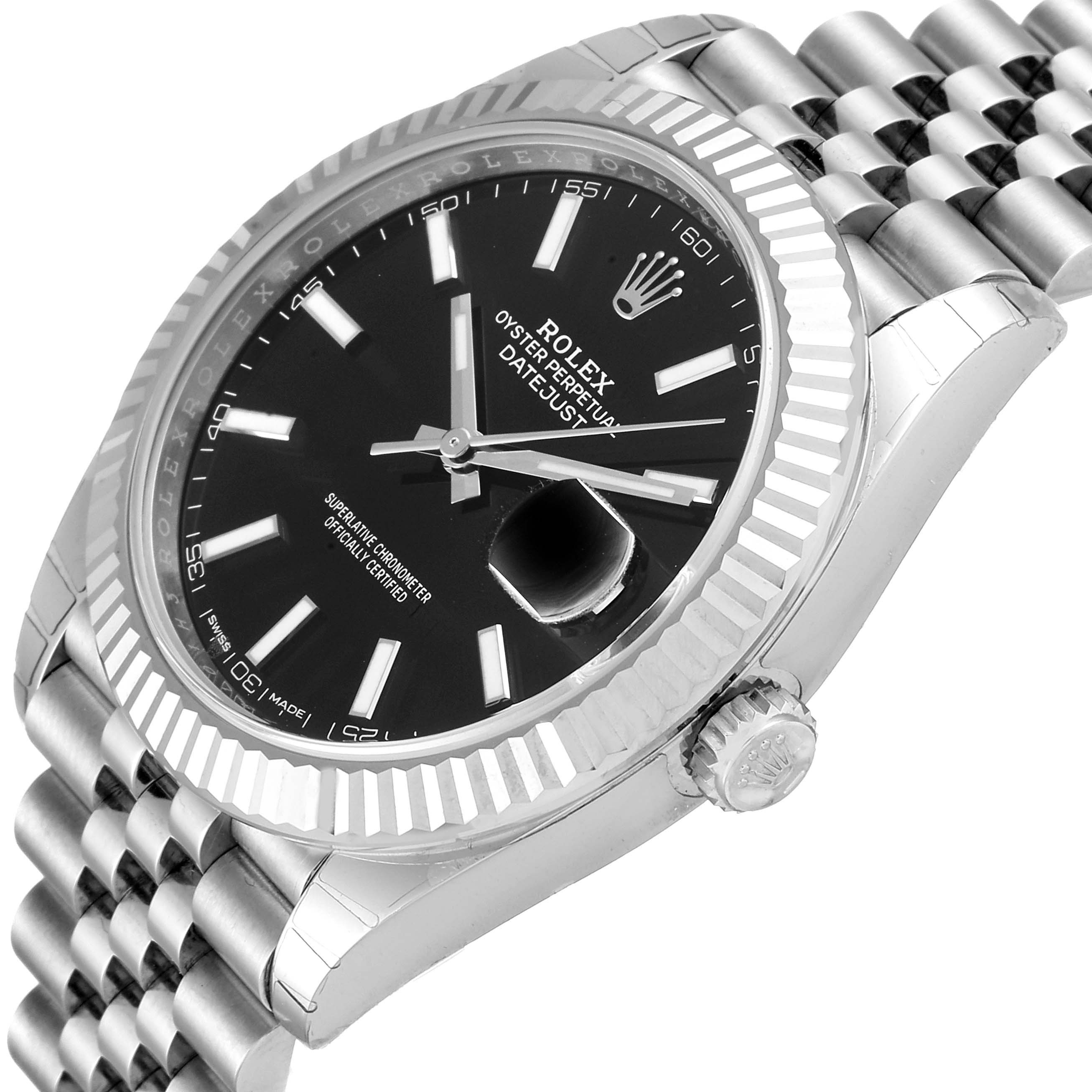 The image shows a side angle of the Rolex Datejust 41 126334 Men's Stainless Steel Black Dial 126334 Men's Stainless Steel Black Dial watch, highlighting its black dial, fluted bezel, and Jubilee bracelet.
