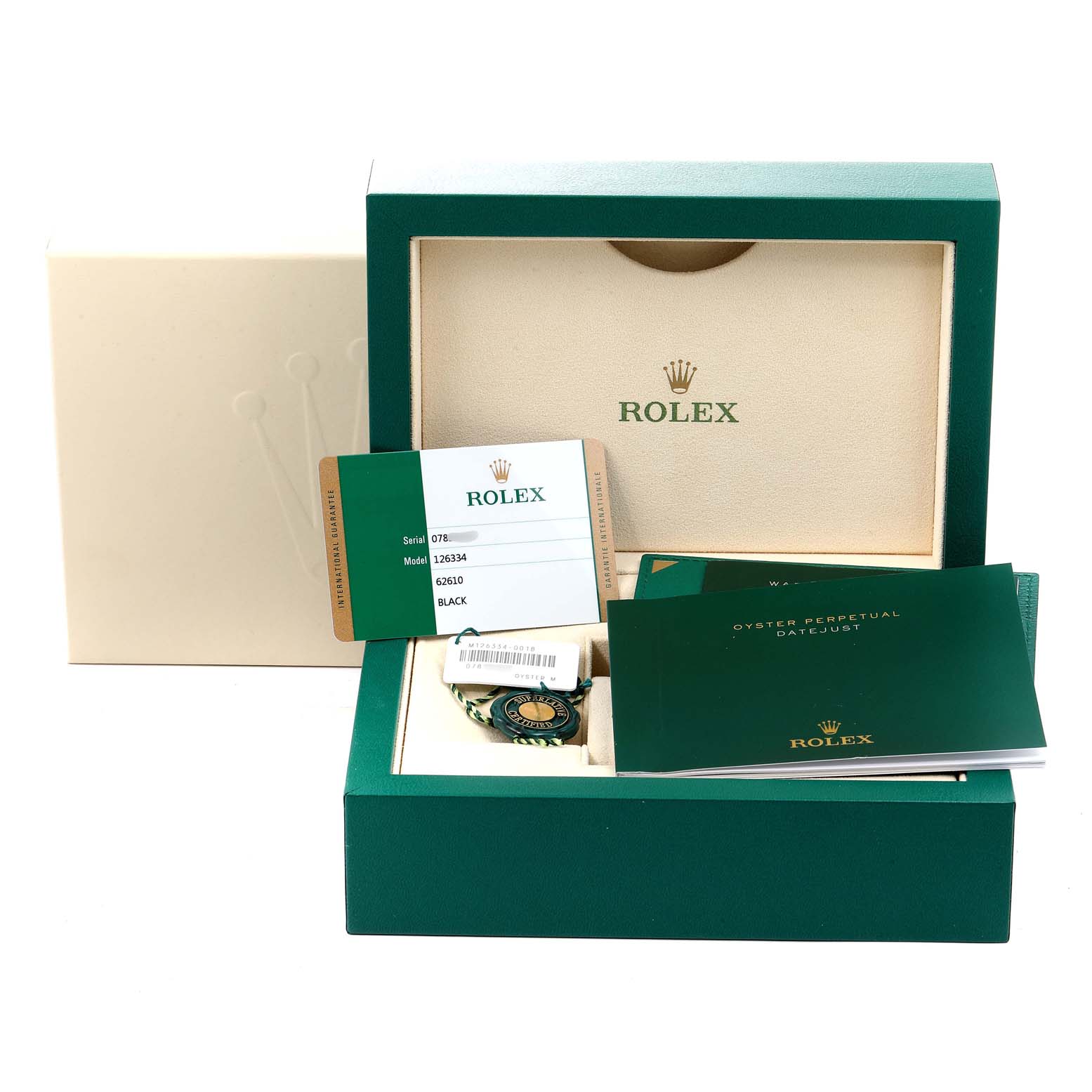 The image shows the packaging and accessories of a Rolex Datejust 41 126334 Men's Stainless Steel Black Dial 126334 Men's Stainless Steel Black Dial, including the box, warranty card, booklet, and tags.