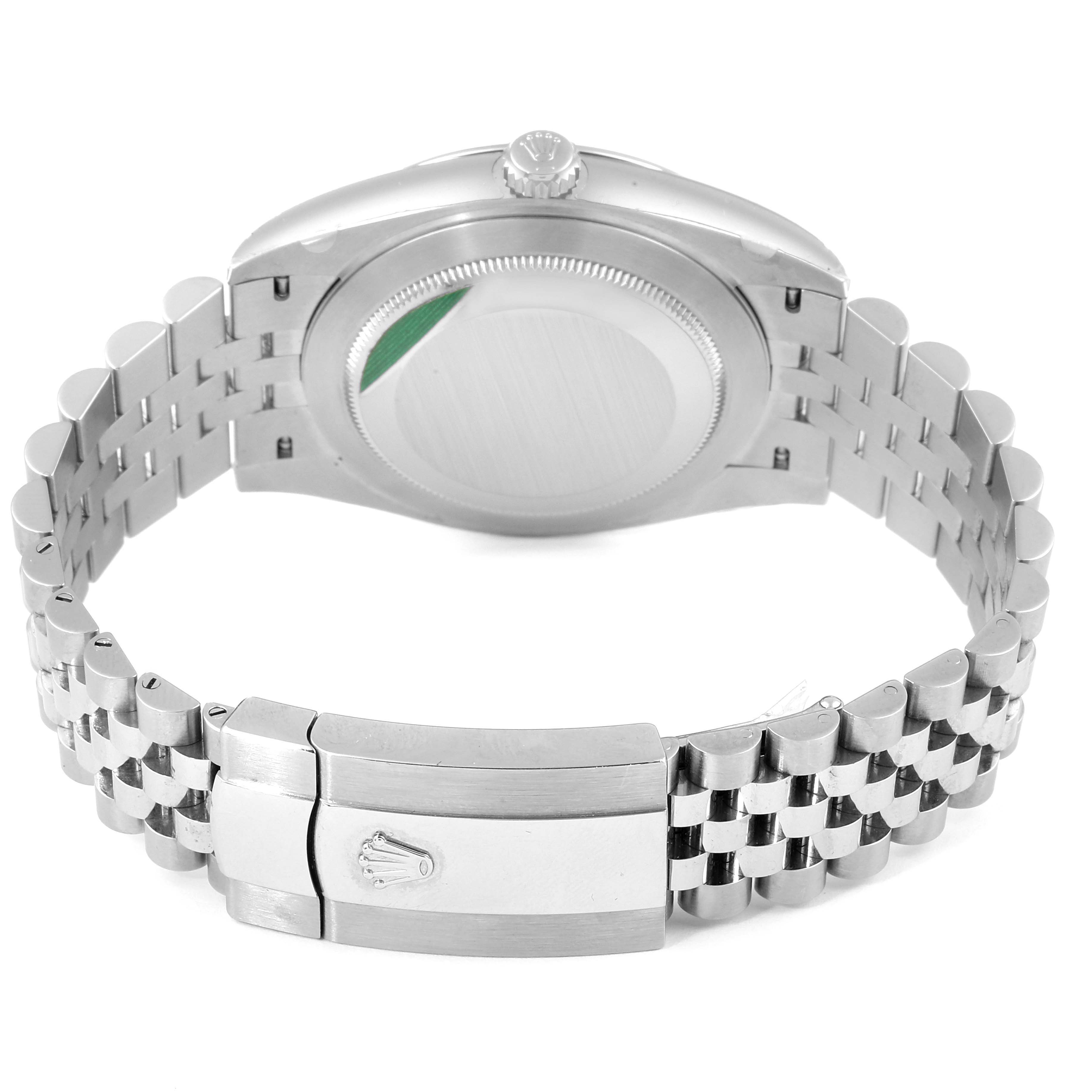 This image shows the back case, crown, and bracelet clasp of a Rolex Datejust 41 126334 Men's Stainless Steel Black Dial 126334 Men's Stainless Steel Black Dial watch from a rear angle.