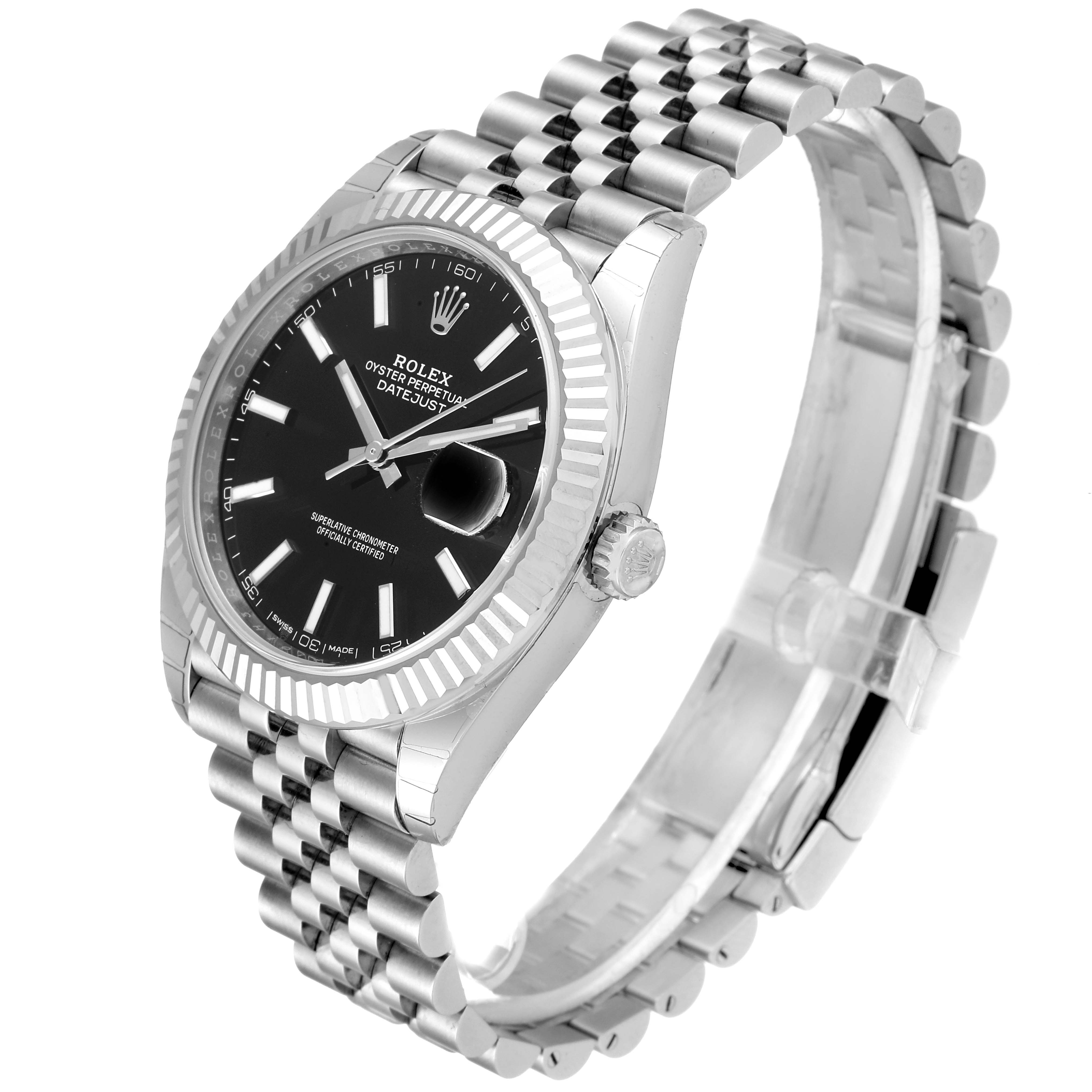 This image shows a Rolex Datejust 41 126334 Men's Stainless Steel Black Dial 126334 Men's Stainless Steel Black Dial watch at a side angle, detailing the face, fluted bezel, crown, and Jubilee bracelet.