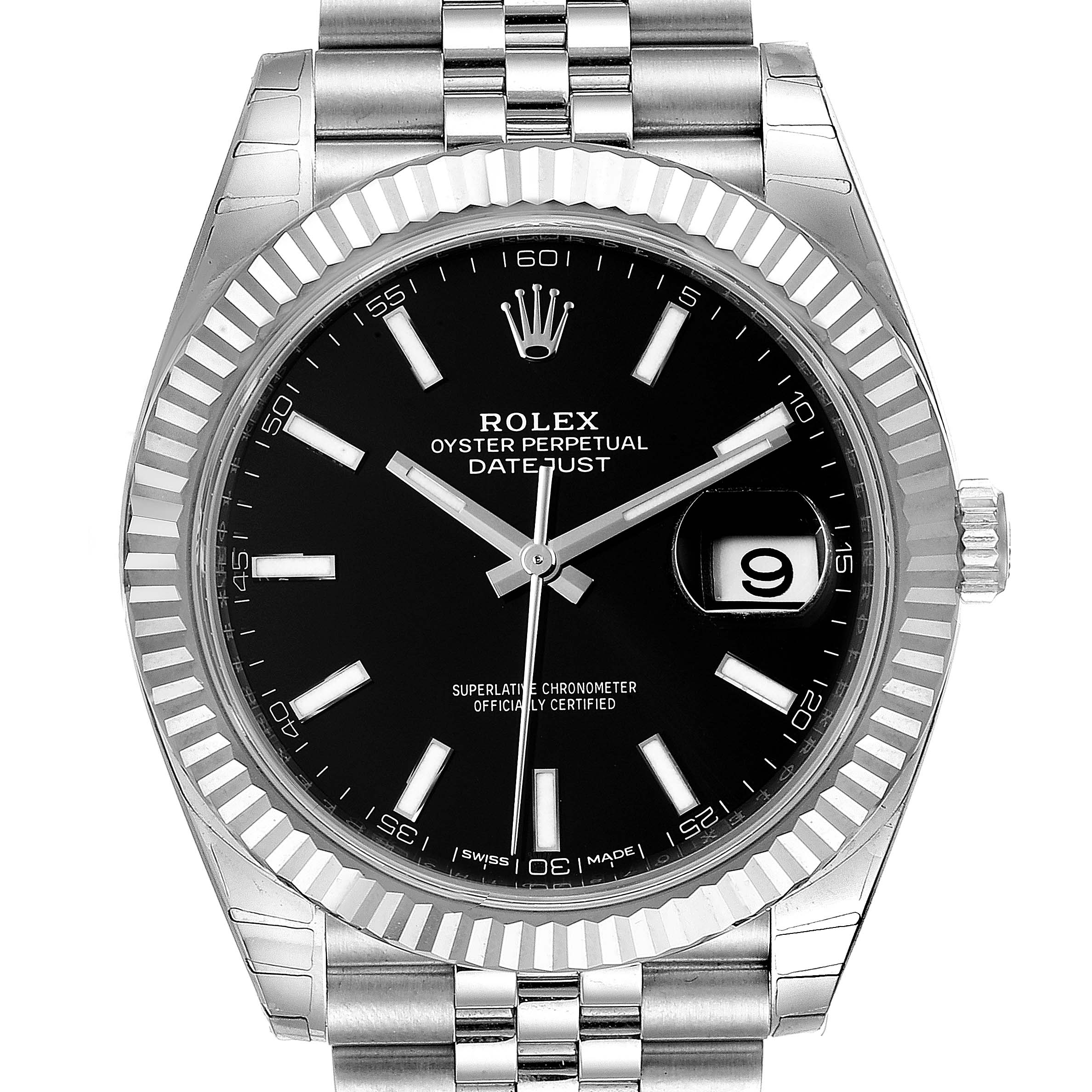 This image shows a front view of the Rolex Datejust 41 126334 Men's Stainless Steel Black Dial 126334 Men's Stainless Steel Black Dial watch, displaying the black dial, bezel, crown, and bracelet.