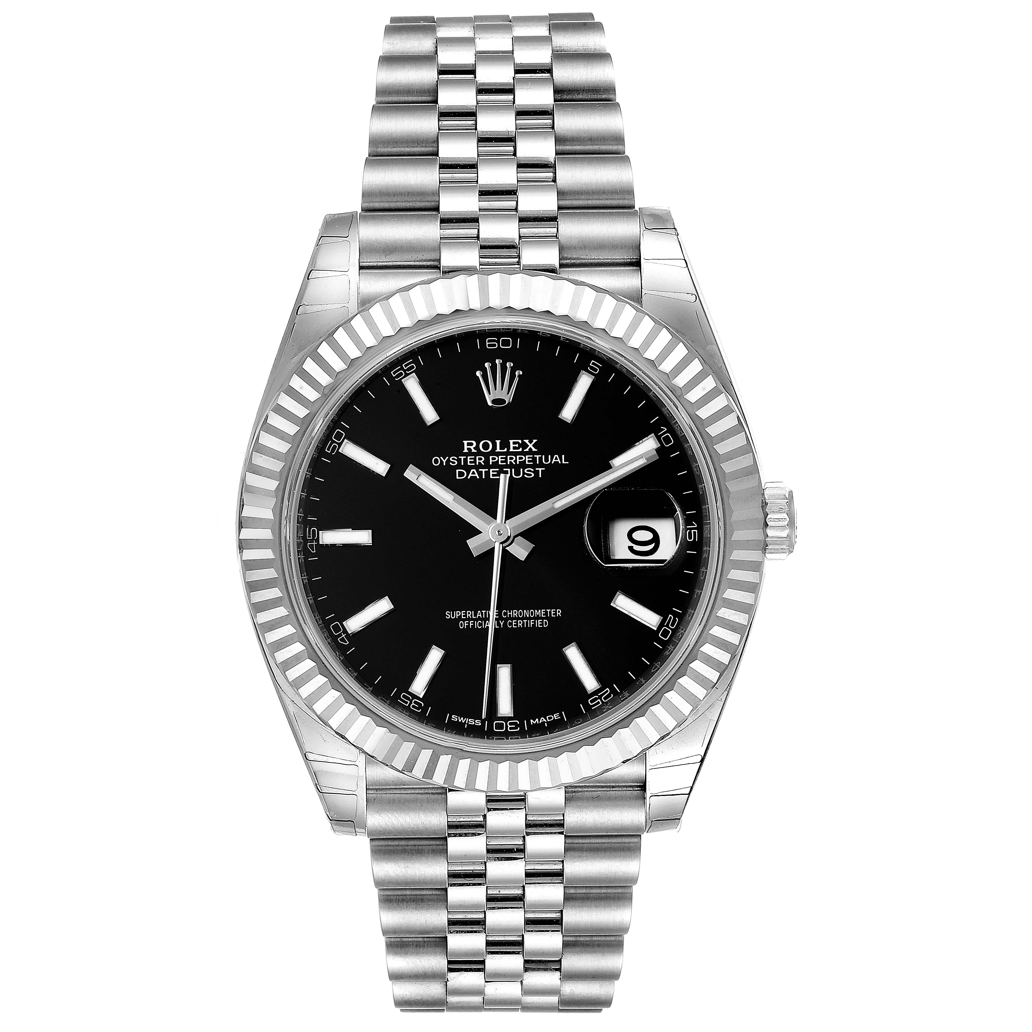 This image shows a front view of the Rolex Datejust 41 126334 Men's Stainless Steel Black Dial 126334 Men's Stainless Steel Black Dial watch, highlighting its black dial, fluted bezel, and Jubilee bracelet.