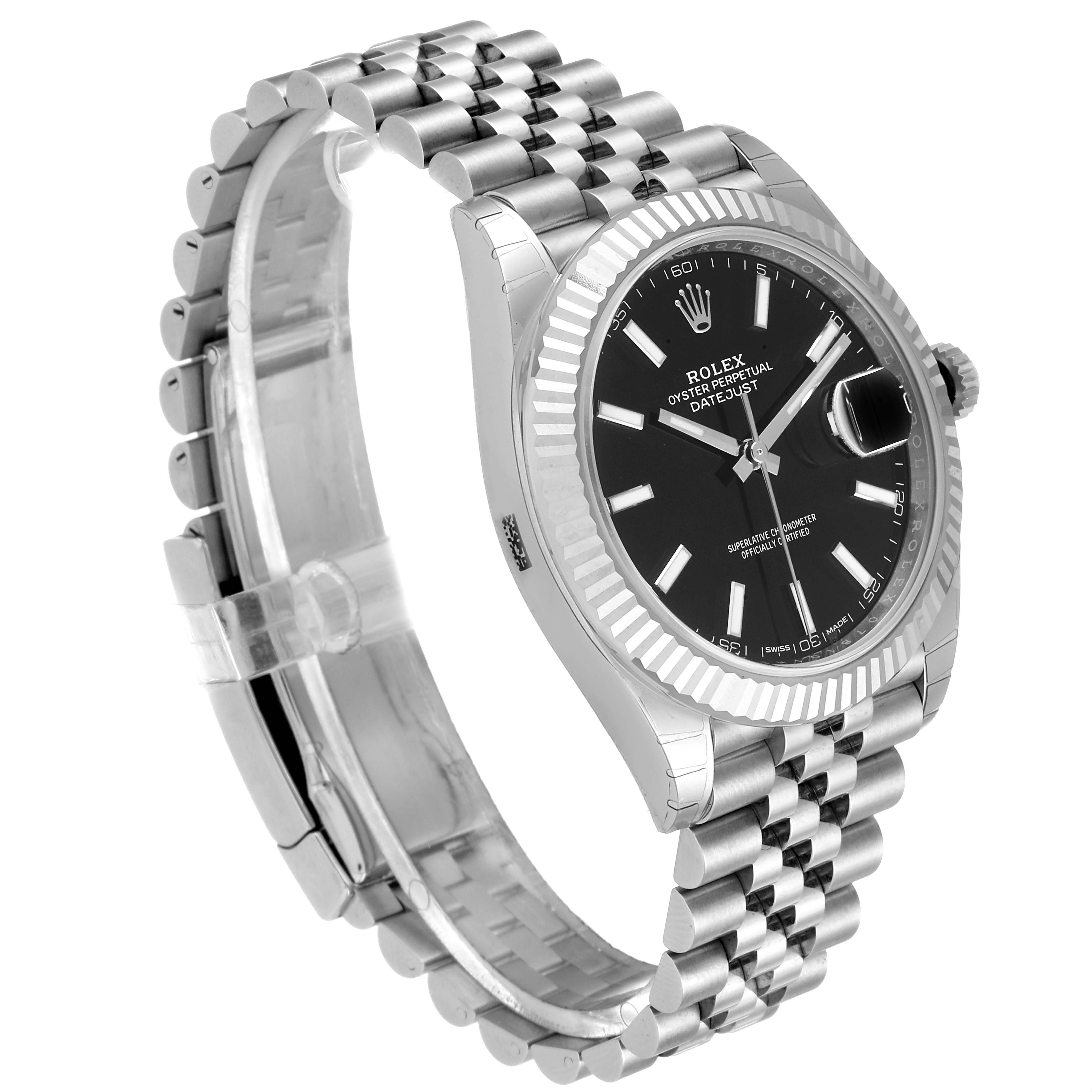 The image shows the Rolex Datejust 41 126334 Men's Stainless Steel Black Dial 126334 Men's Stainless Steel Black Dial watch at an angle revealing the black dial, fluted bezel, and jubilee bracelet.