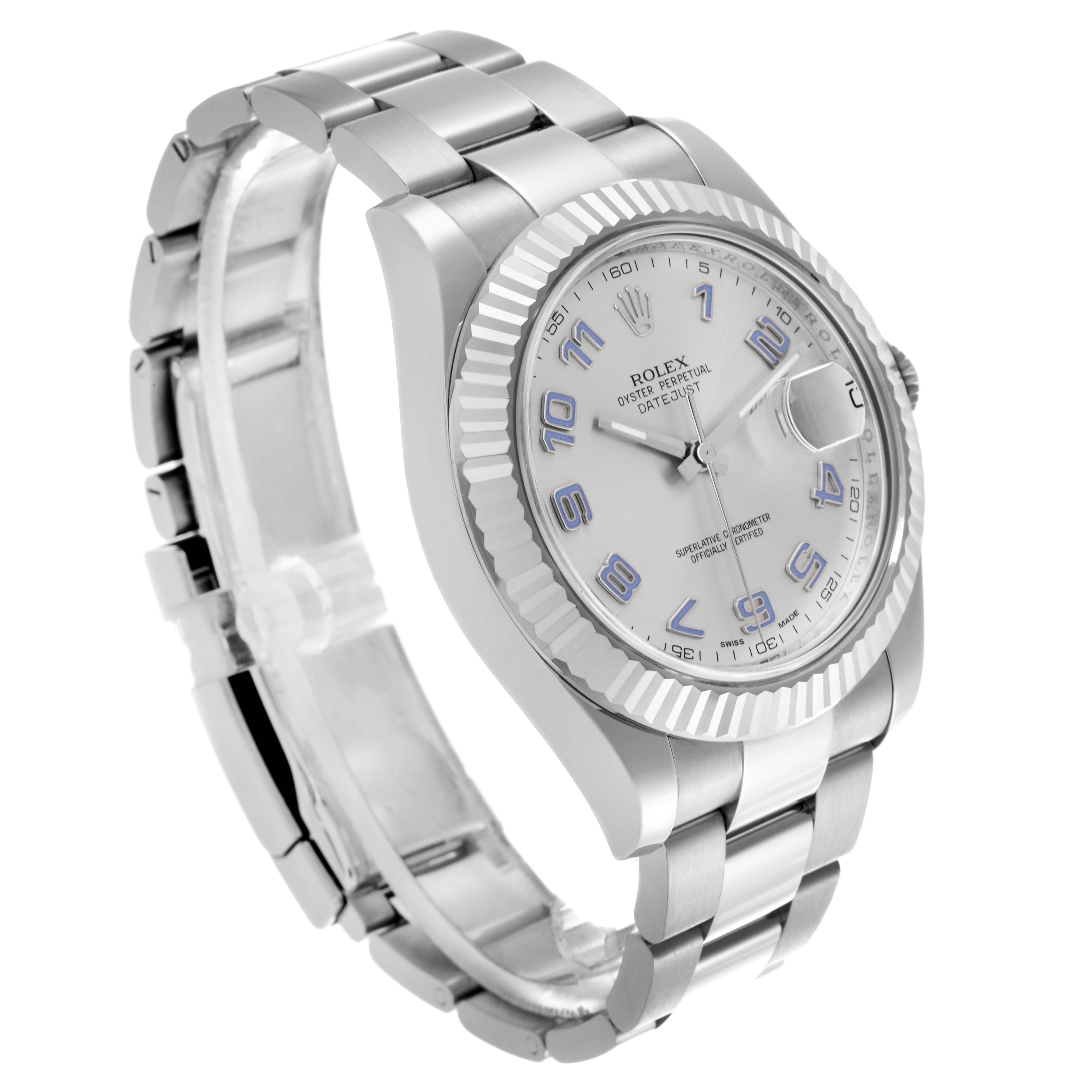 The Rolex Datejust 41 116334 Men
s Stainless Steel Silver Dial 116334 Men
s Stainless Steel Silver Dial watch is shown at a three-quarter angle, highlighting the dial, bezel, and bracelet.