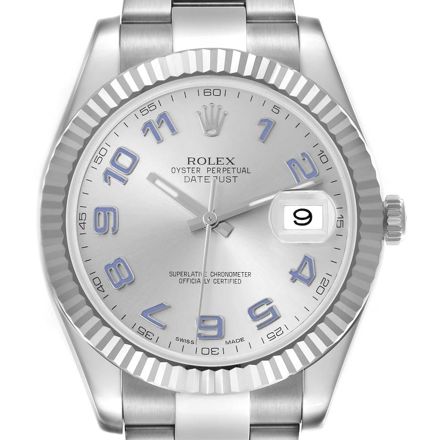 The Rolex Datejust 41 is shown from a front angle, highlighting the dial, fluted bezel, hands, and date window.