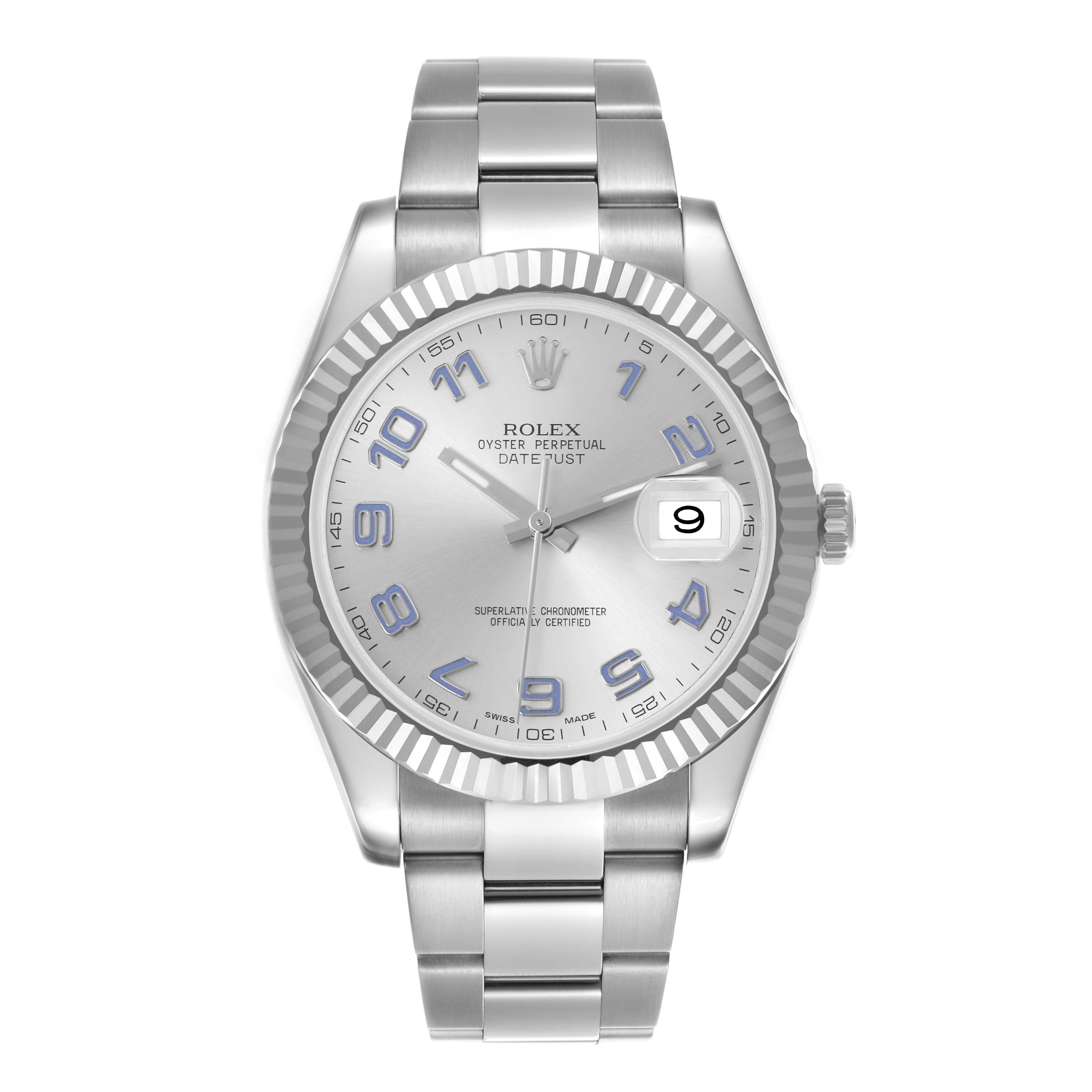 The Rolex Datejust 41 116334 Men
s Stainless Steel Silver Dial 116334 Men
s Stainless Steel Silver Dial is shown from a front angle, displaying the dial, bezel, hands, and part of the bracelet.