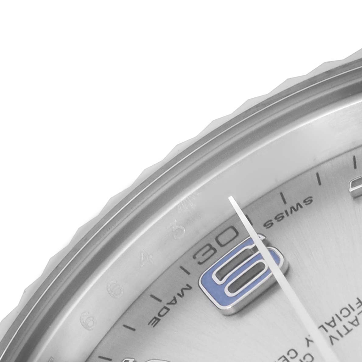 The image shows a close-up of the dial and bezel of a Rolex Datejust 41 116334 Men
s Stainless Steel Silver Dial 116334 Men
s Stainless Steel Silver Dial, highlighting the 30-minute mark.