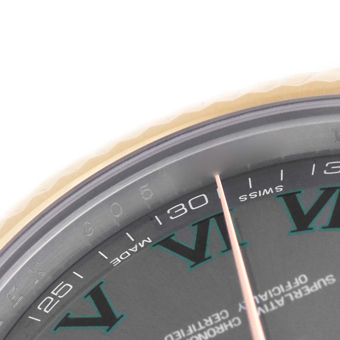 The image shows a close-up of the Rolex Datejust 41 116333 Men's Steel and Gold (two tone) Grey Dial, highlighting the bezel and dial with Roman numerals and part of the second hand.