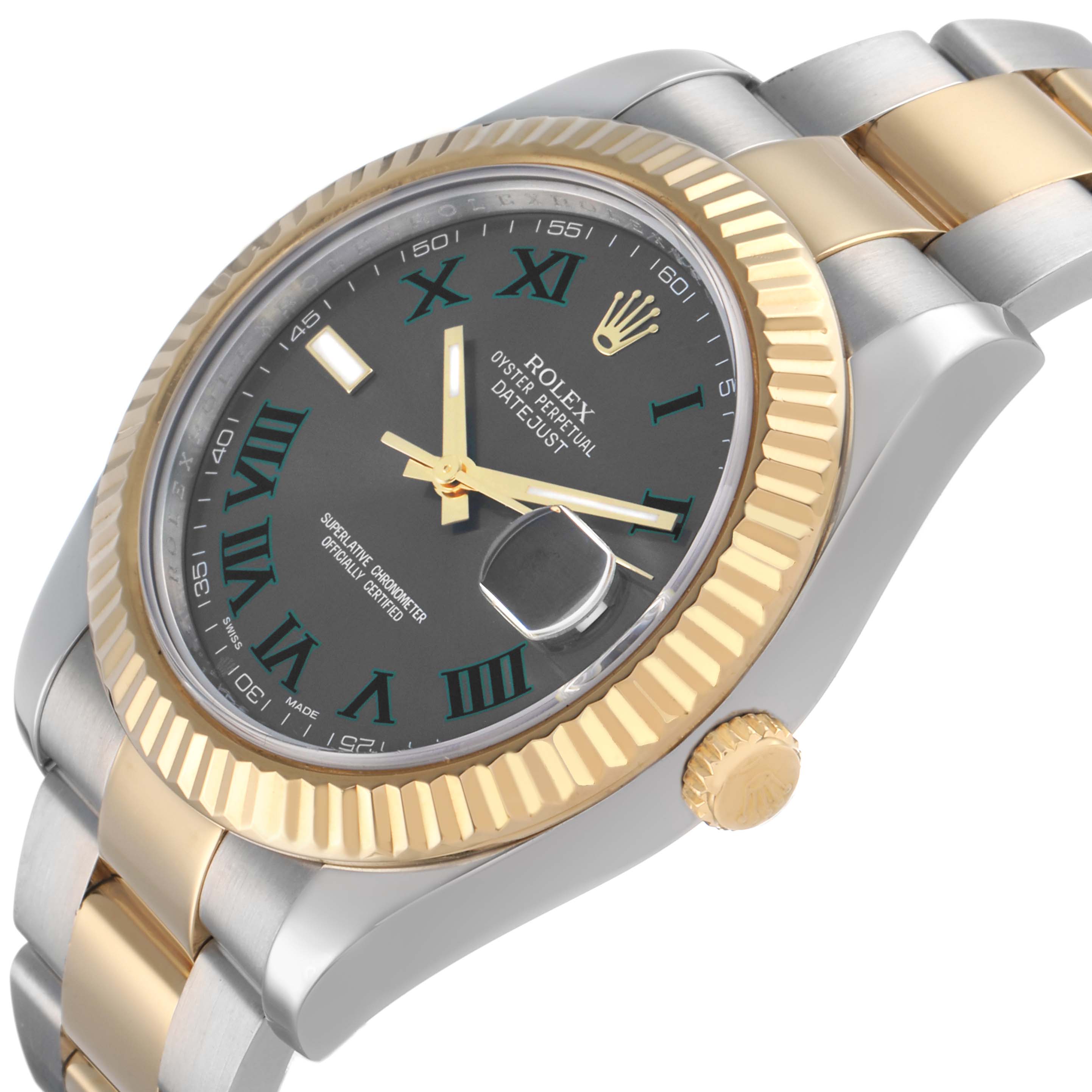 The Rolex Datejust 41 116333 Men's Steel and Gold (two tone) Grey Dial watch is shown from a high angle, highlighting its gold fluted bezel, black dial, gold hands, and two-tone bracelet.